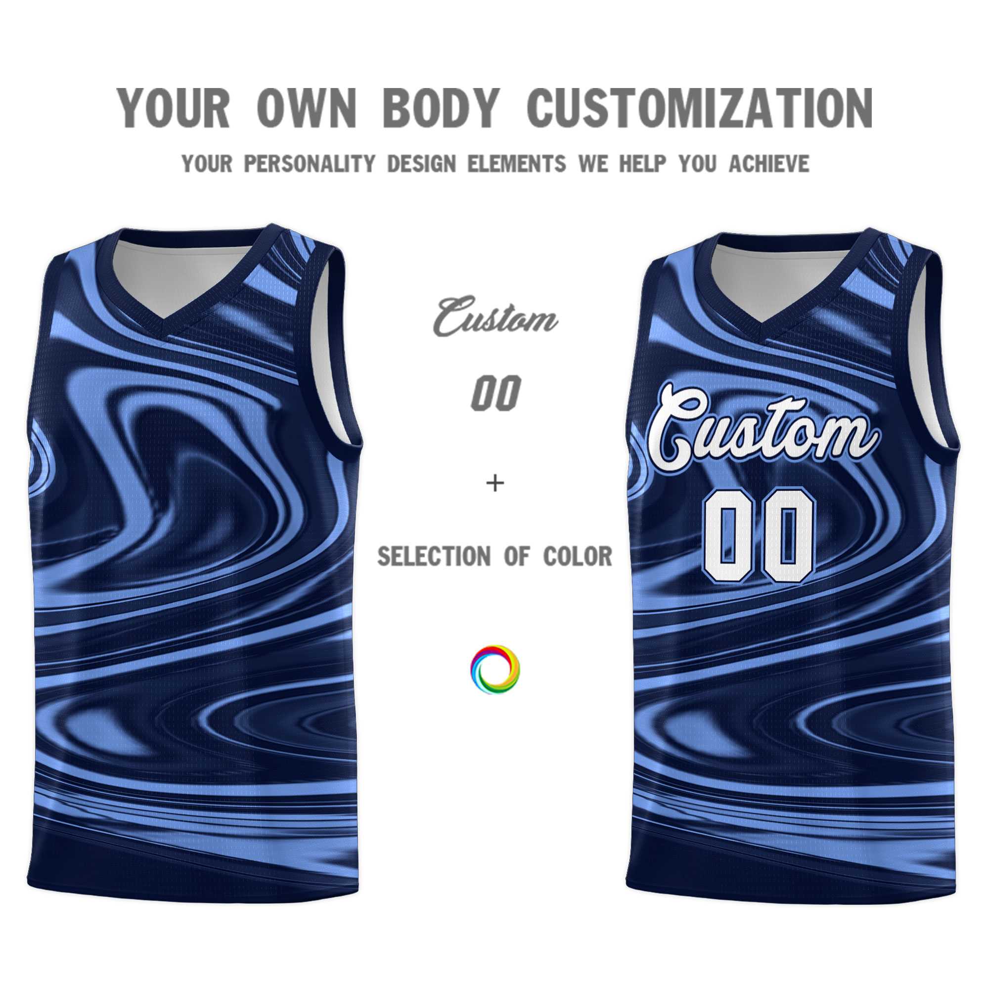 Custom Navy Light Blue Graffiti Pattern Fluids Style Sports Uniform Basketball Jersey Sets