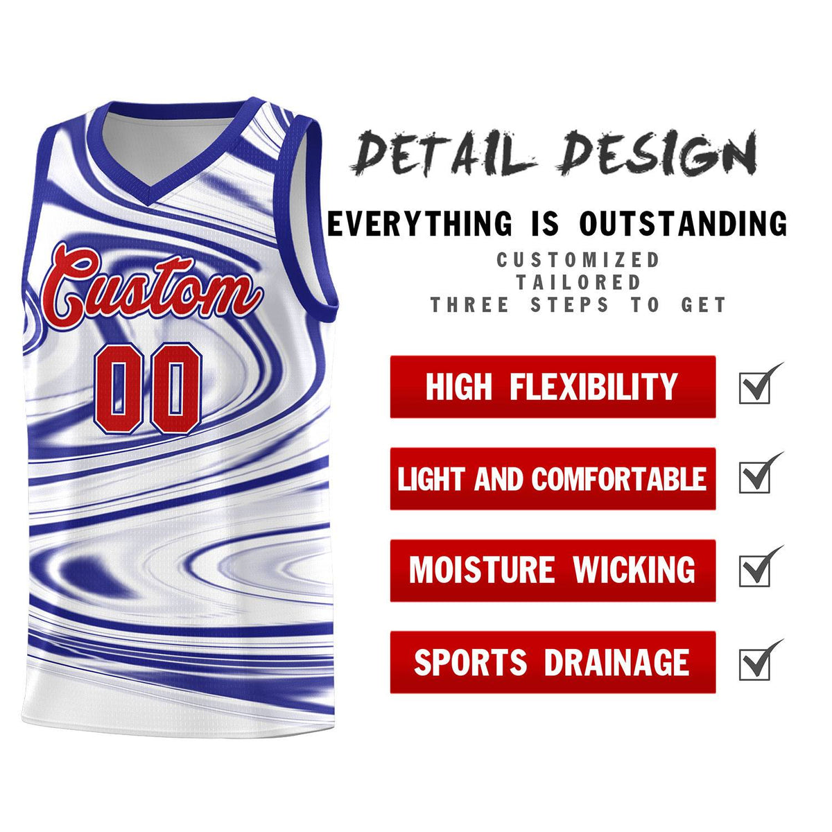 Custom White Royal Graffiti Pattern Fluids Style Sports Uniform Basketball Jersey Sets
