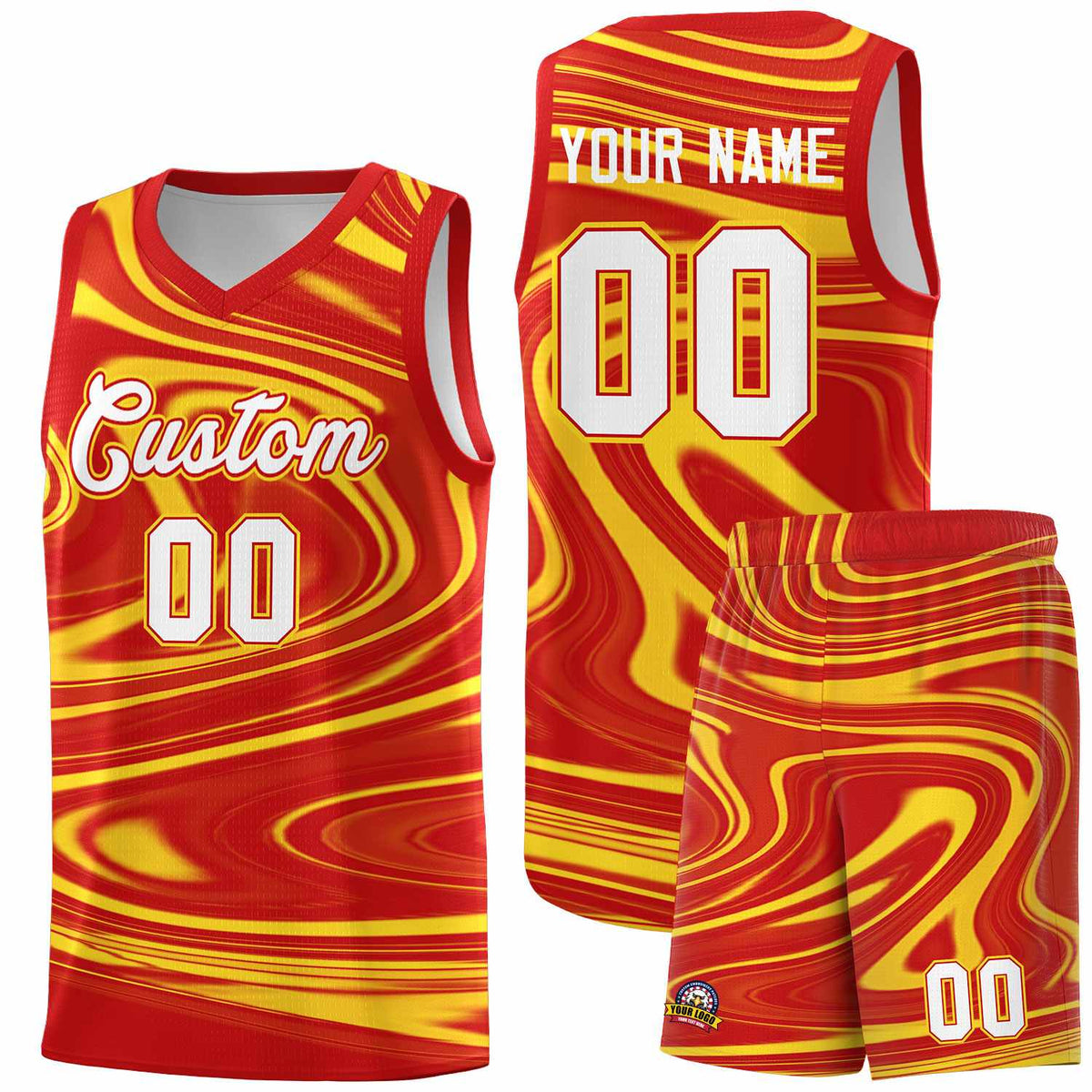 Custom Red Gold Graffiti Pattern Fluids Style Sports Uniform Basketball Jersey Sets