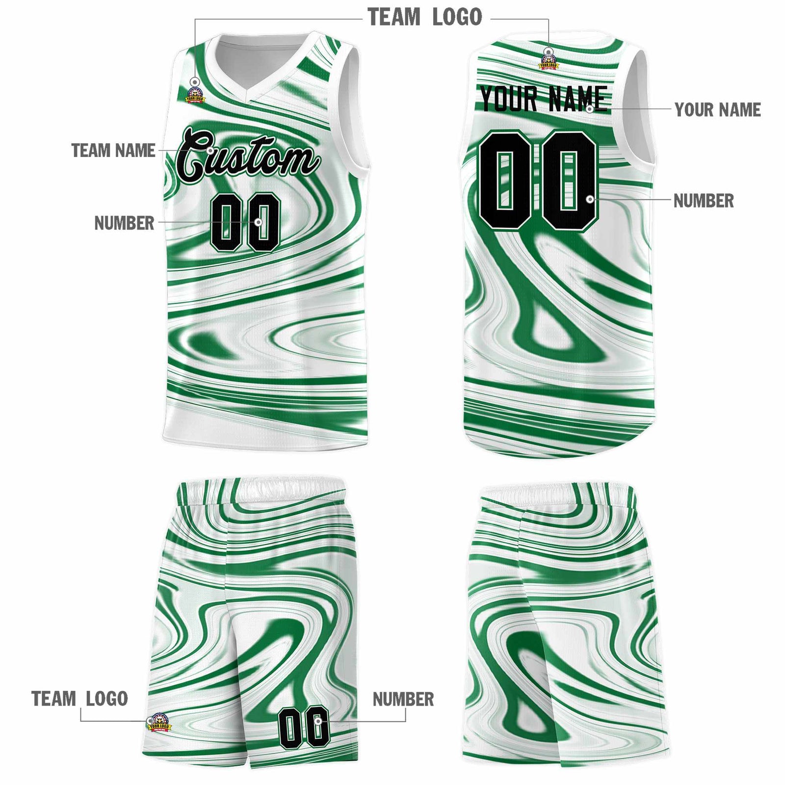 Custom White Kelly Green Graffiti Pattern Fluids Style Sports Uniform Basketball Jersey Sets