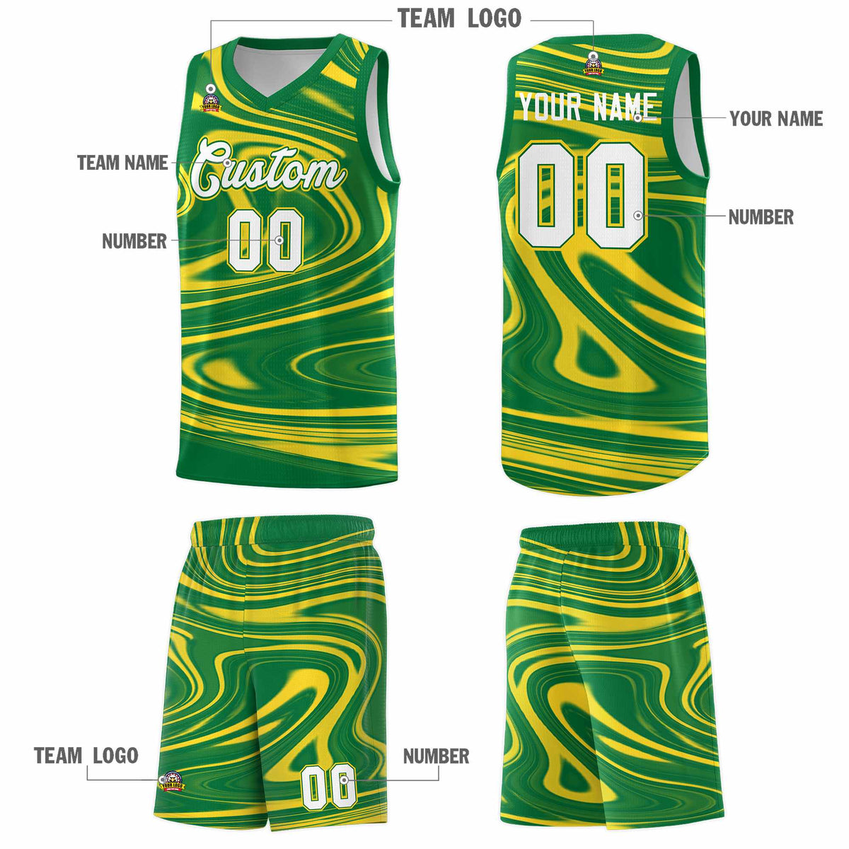 Custom Kelly Green Gold Graffiti Pattern Fluids Style Sports Uniform Basketball Jersey Sets