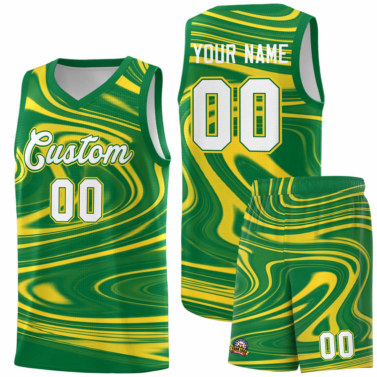 Custom Kelly Green Gold Graffiti Pattern Fluids Style Sports Uniform Basketball Jersey Sets