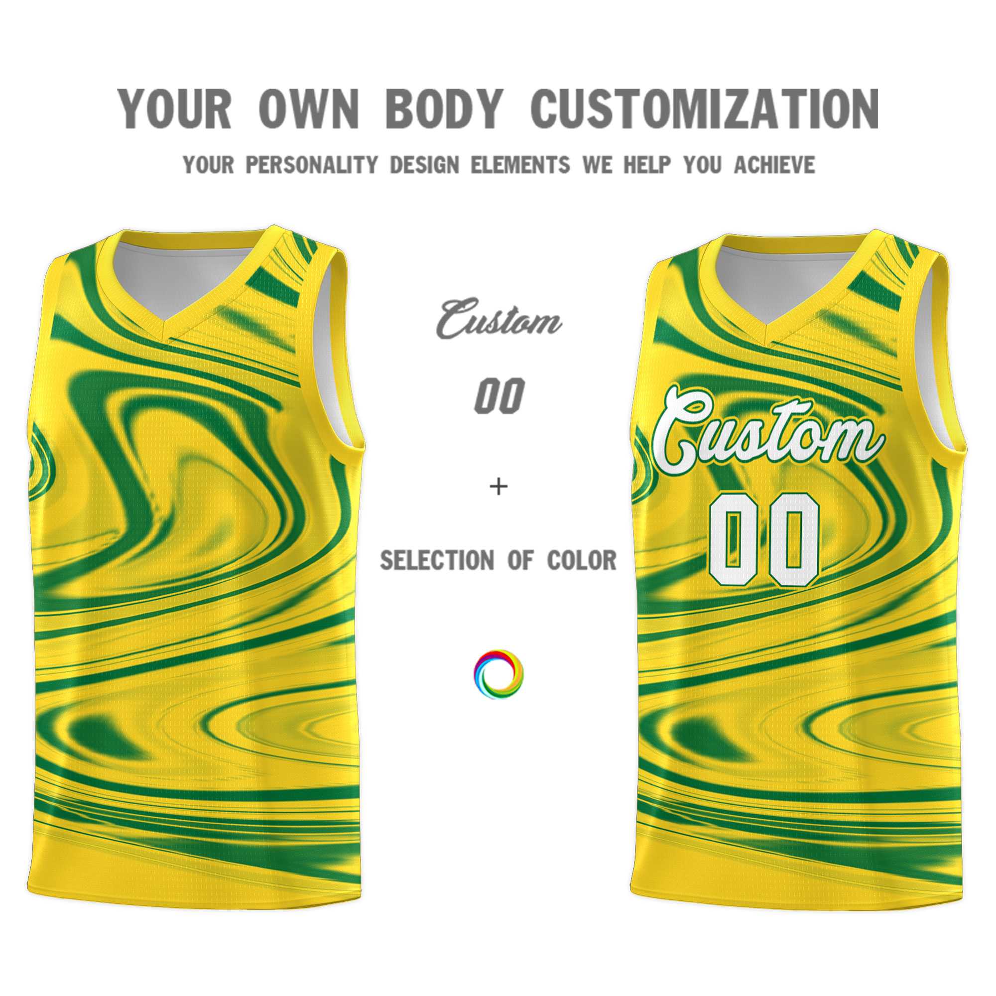 Custom Gold Kelly Green Graffiti Pattern Fluids Style Sports Uniform Basketball Jersey Sets