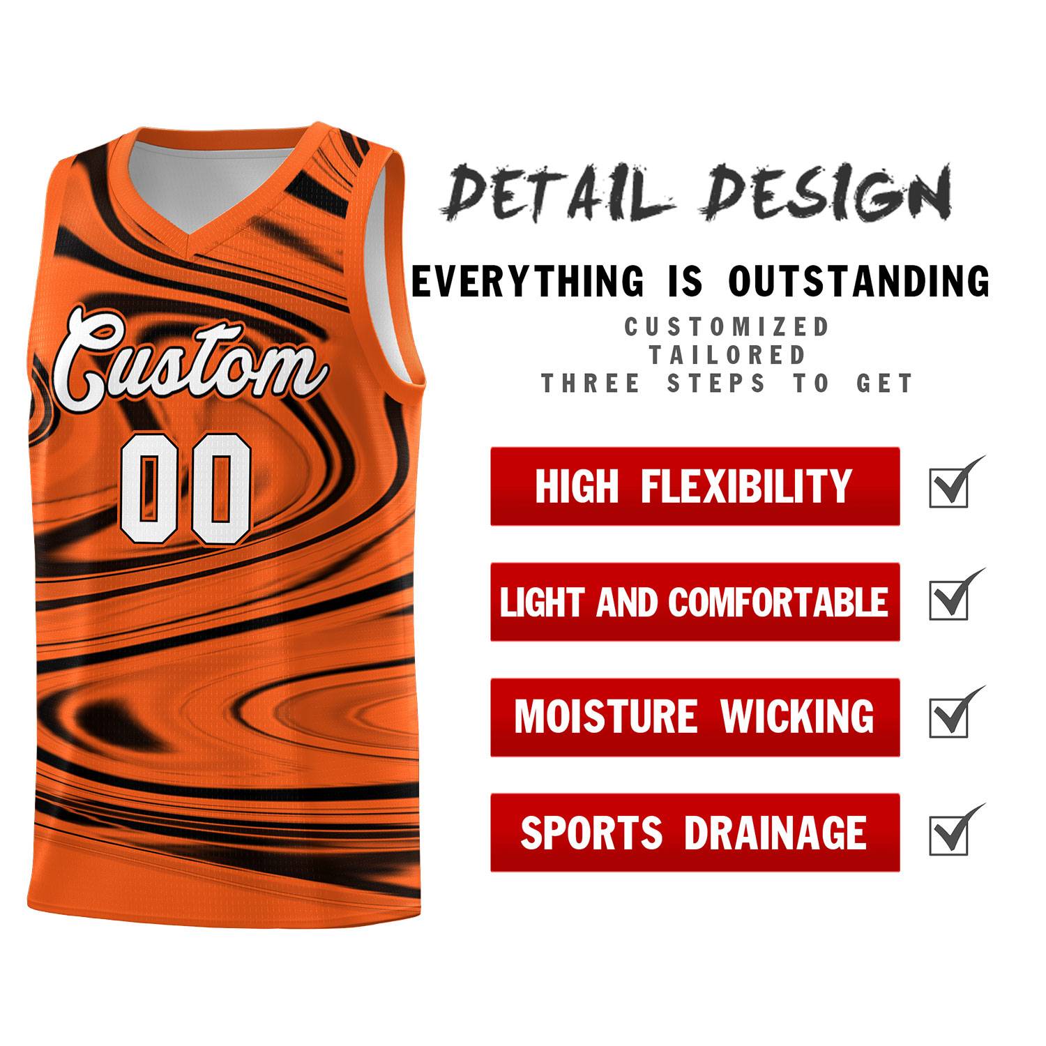 Custom Orange Black Graffiti Pattern Fluids Style Sports Uniform Basketball Jersey Sets