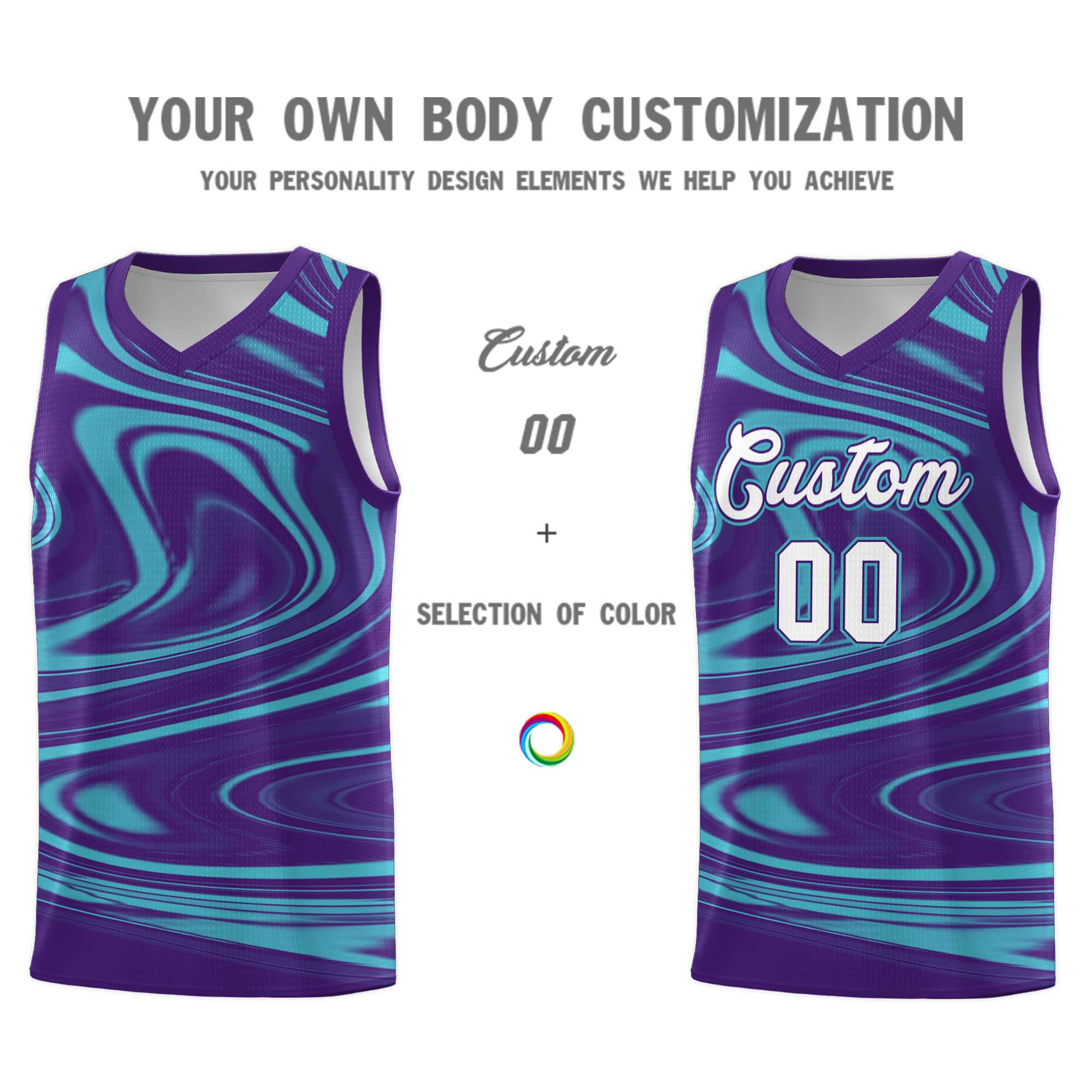 Custom Purple Aqua Graffiti Pattern Fluids Style Sports Uniform Basketball Jersey Sets