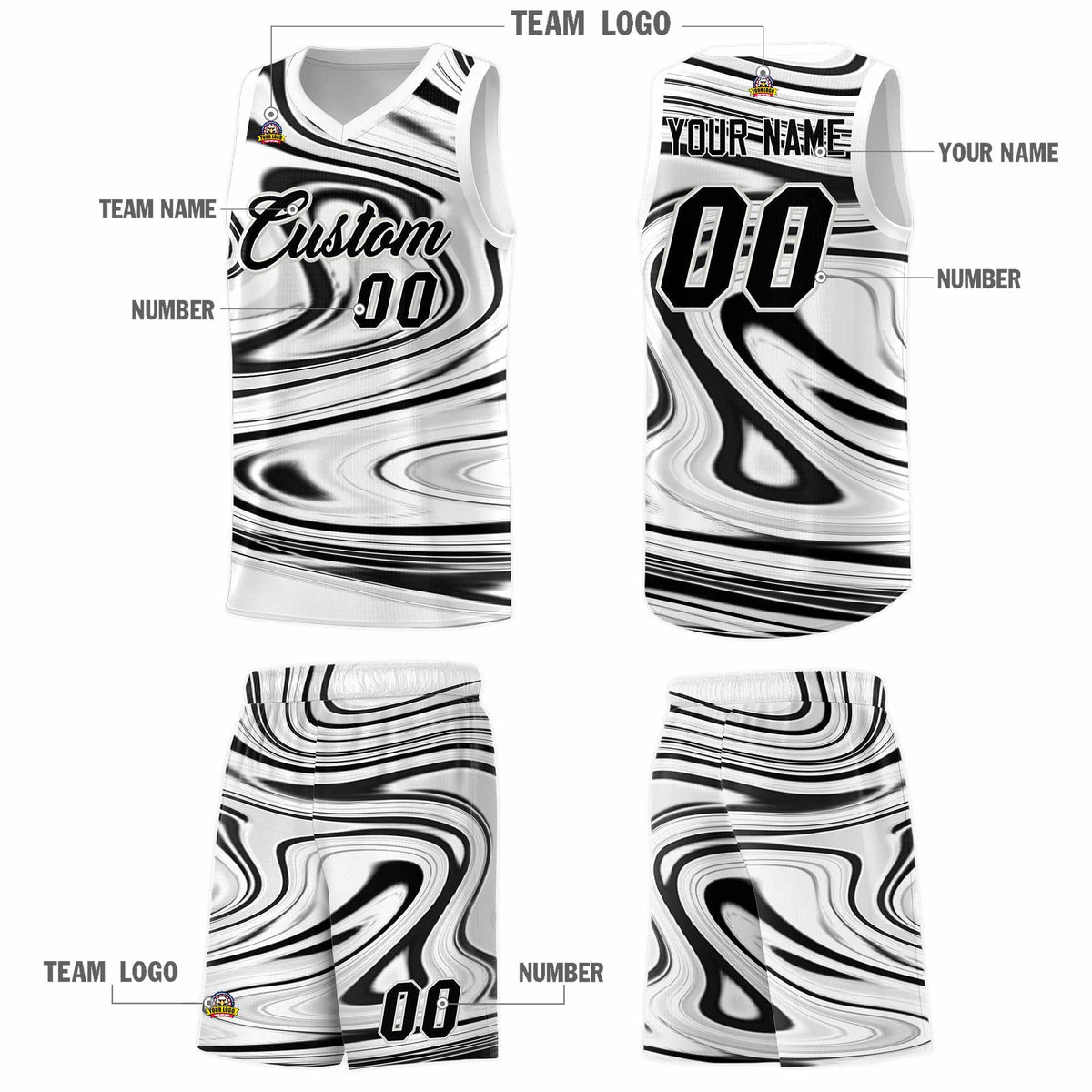 Custom White Black Graffiti Pattern Fluids Style Sports Uniform Basketball Jersey Sets