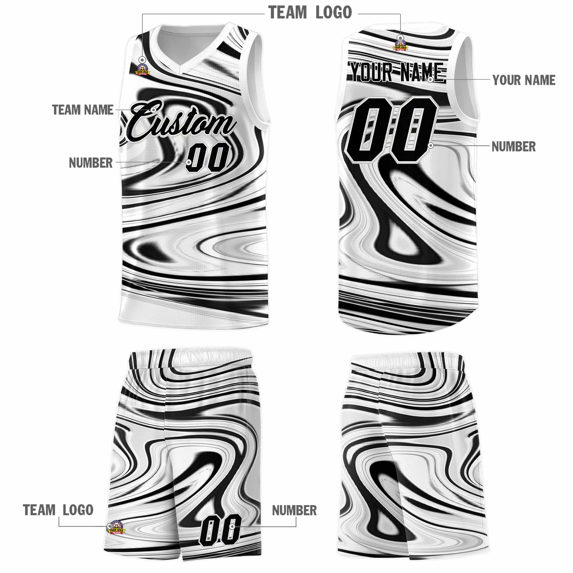 Custom White Black Graffiti Pattern Fluids Style Sports Uniform Basketball Jersey Sets