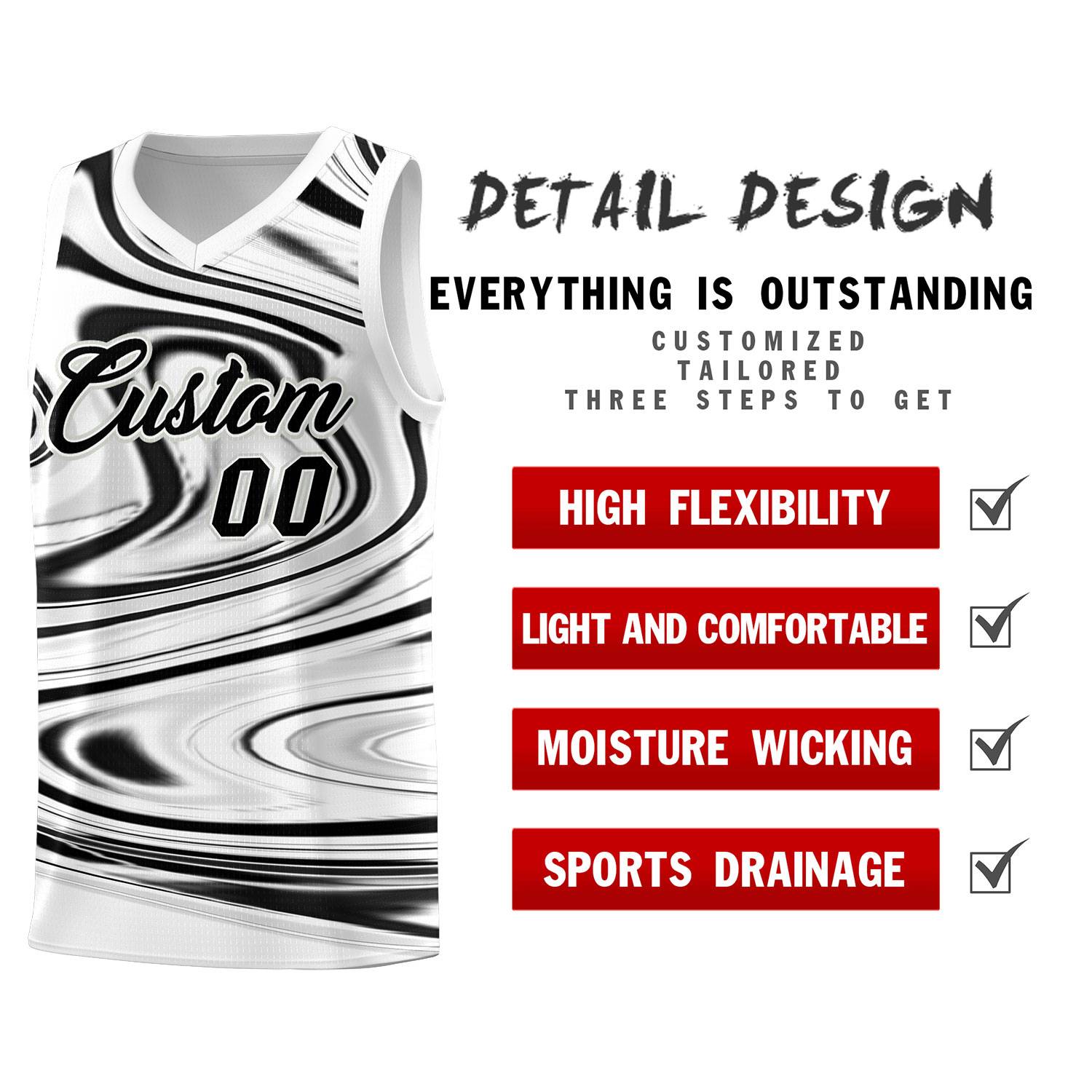 Custom White Black Graffiti Pattern Fluids Style Sports Uniform Basketball Jersey Sets