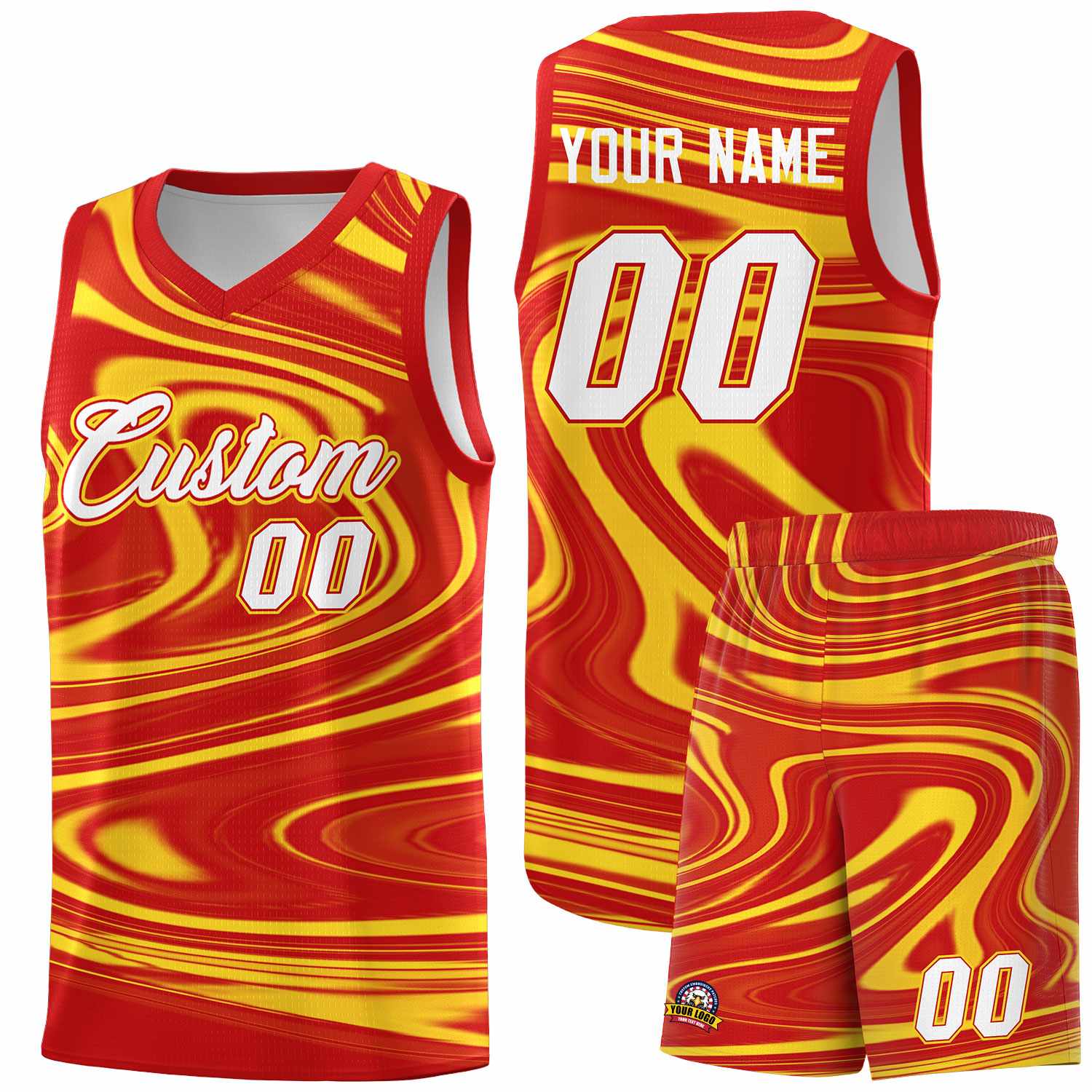 Custom Red Gold Graffiti Pattern Fluids Style Sports Uniform Basketball Jersey Sets