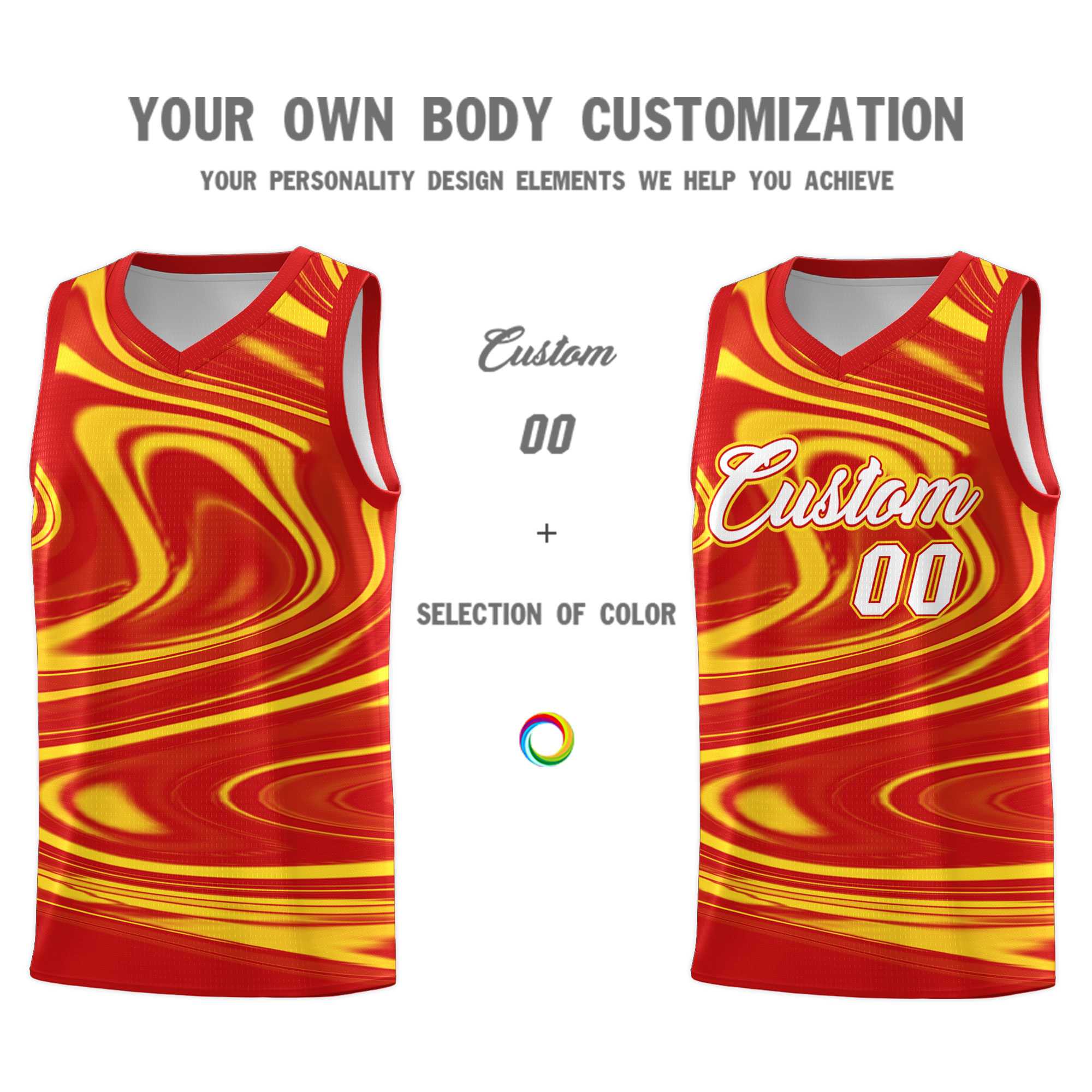 Custom Red Gold Graffiti Pattern Fluids Style Sports Uniform Basketball Jersey Sets