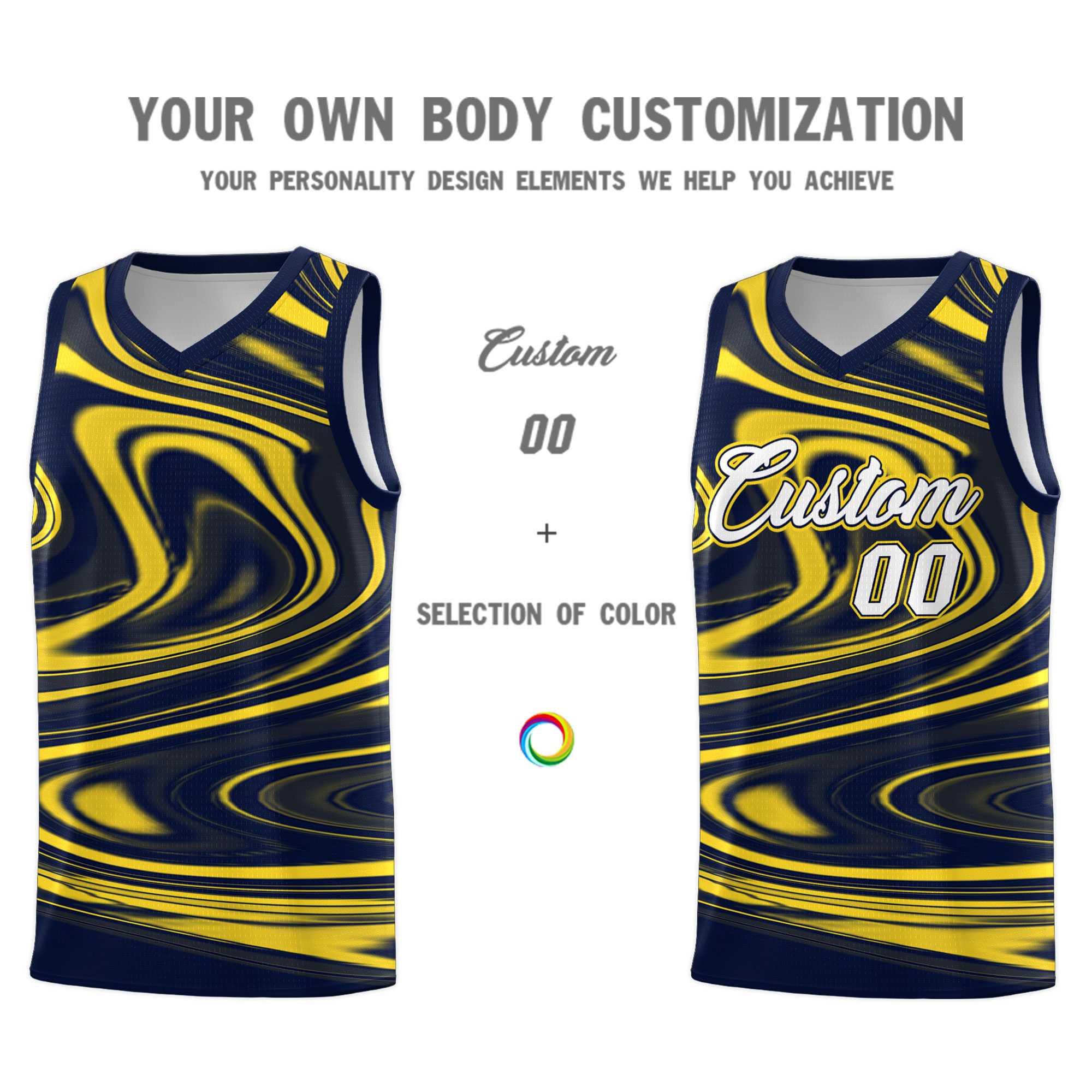 Custom Navy Gold Graffiti Pattern Fluids Style Sports Uniform Basketball Jersey Sets