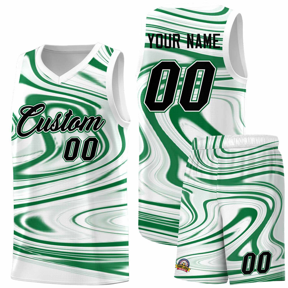 Custom White Kelly Green Graffiti Pattern Fluids Style Sports Uniform Basketball Jersey Sets