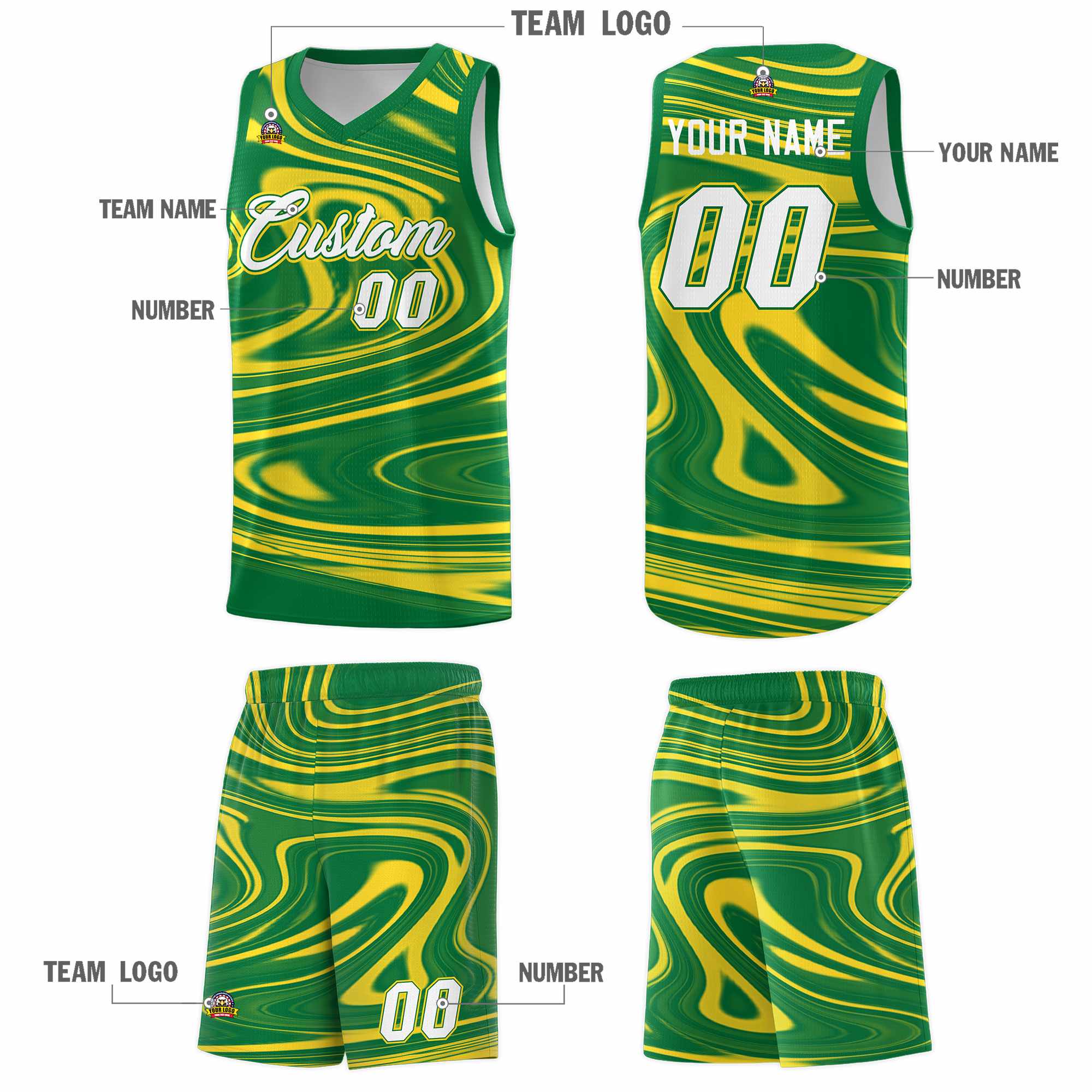 Custom Kelly Green Gold Graffiti Pattern Fluids Style Sports Uniform Basketball Jersey Sets