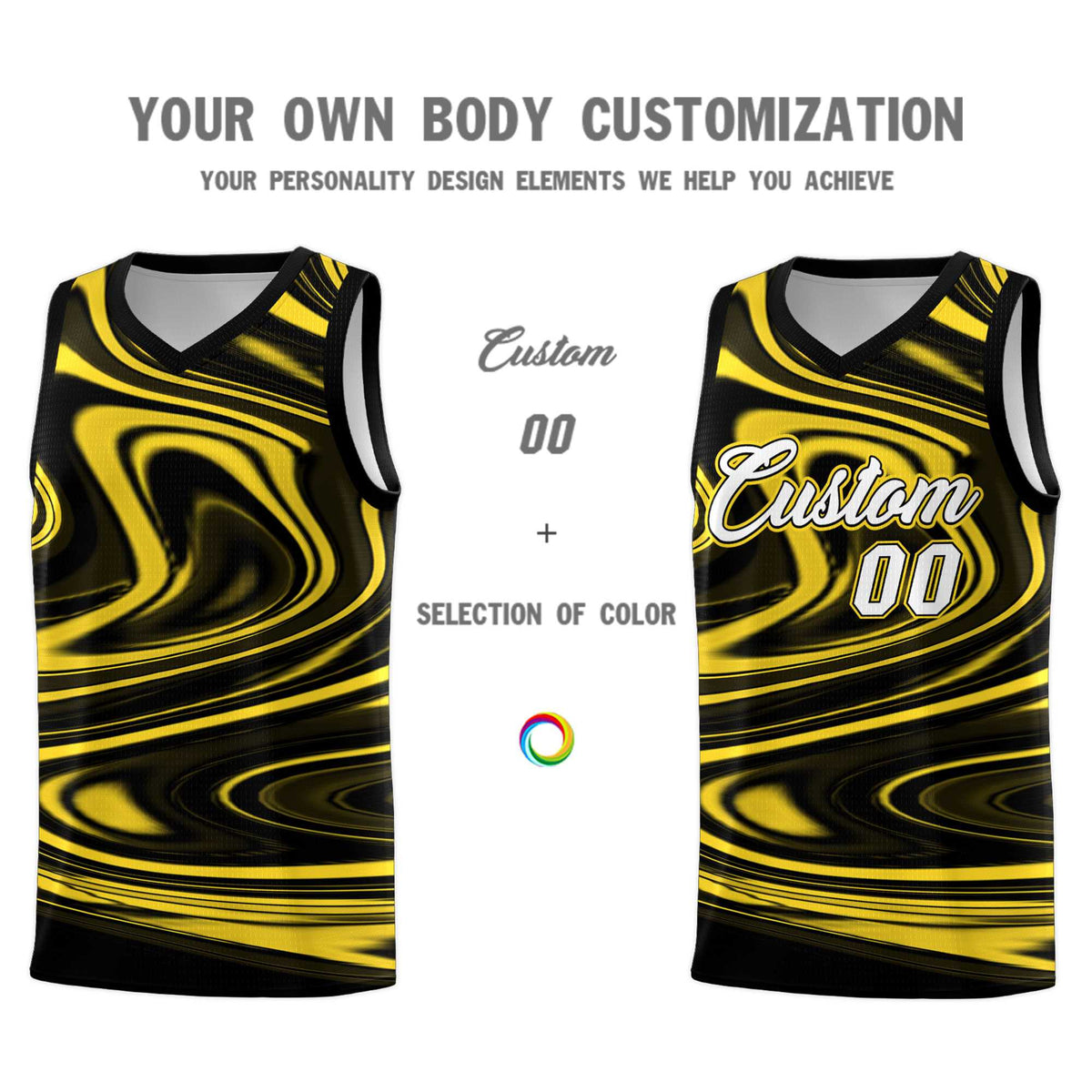 Custom Black Gold Graffiti Pattern Fluids Style Sports Uniform Basketball Jersey Sets