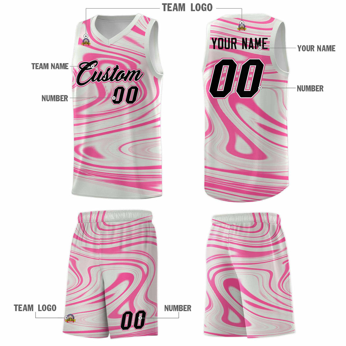 Custom Gray Pink Graffiti Pattern Fluids Style Sports Uniform Basketball Jersey Sets
