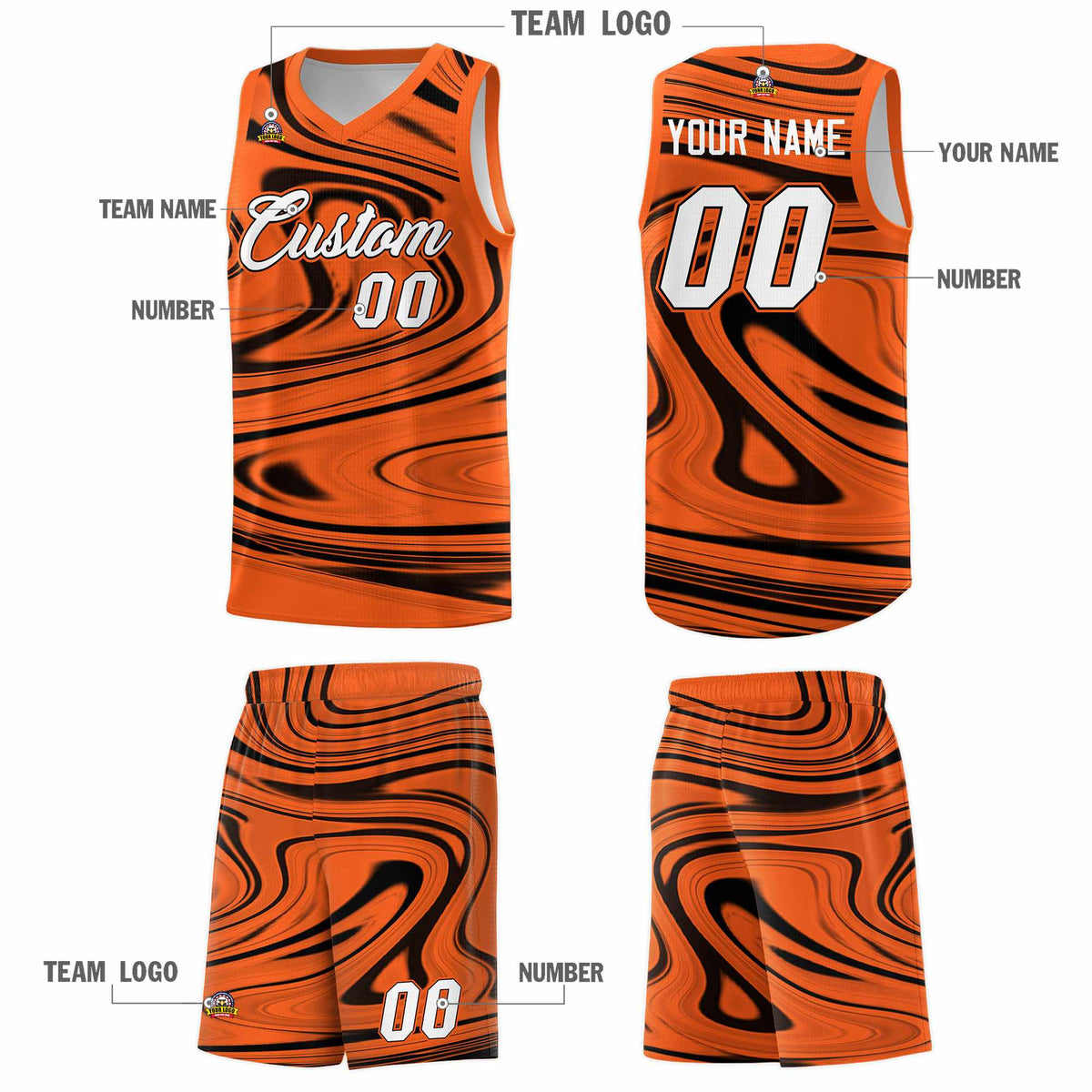 Custom Orange Black Graffiti Pattern Fluids Style Sports Uniform Basketball Jersey Sets