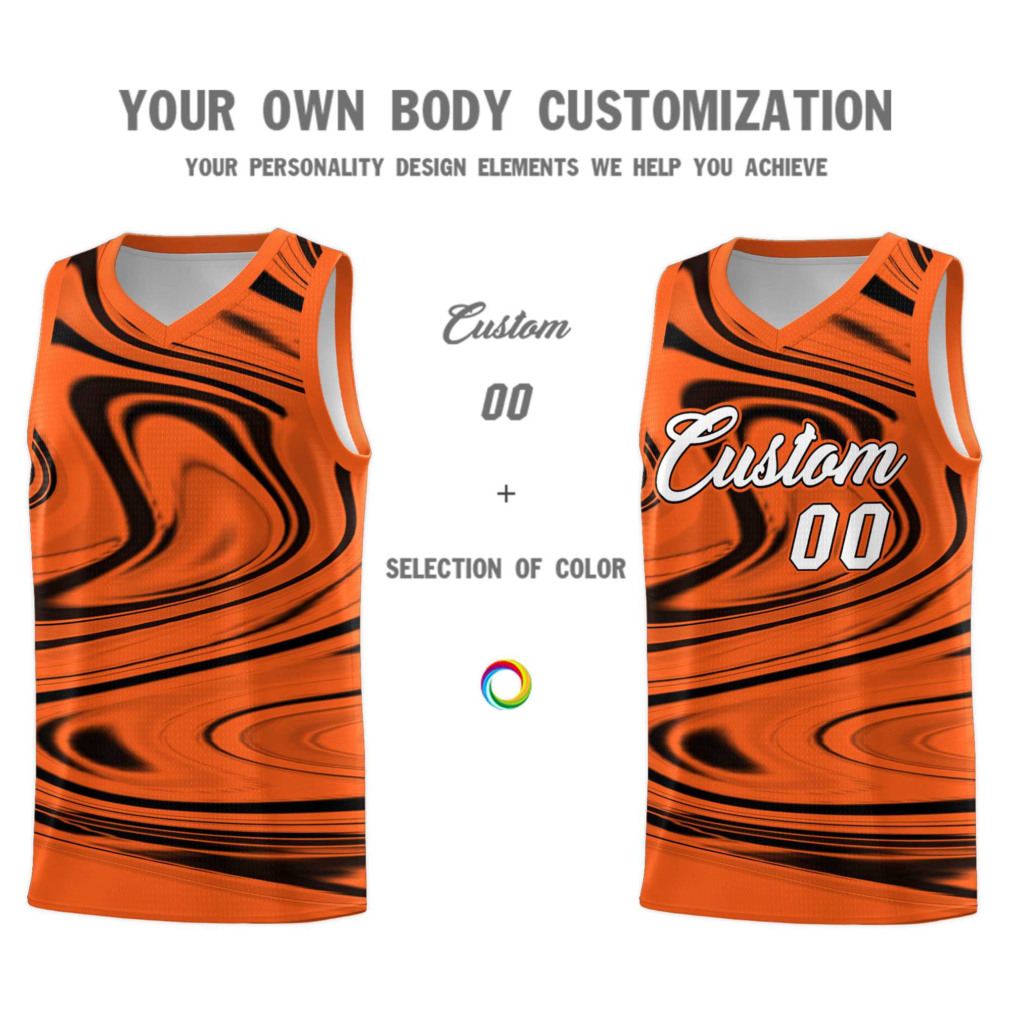 Custom Orange Black Graffiti Pattern Fluids Style Sports Uniform Basketball Jersey Sets