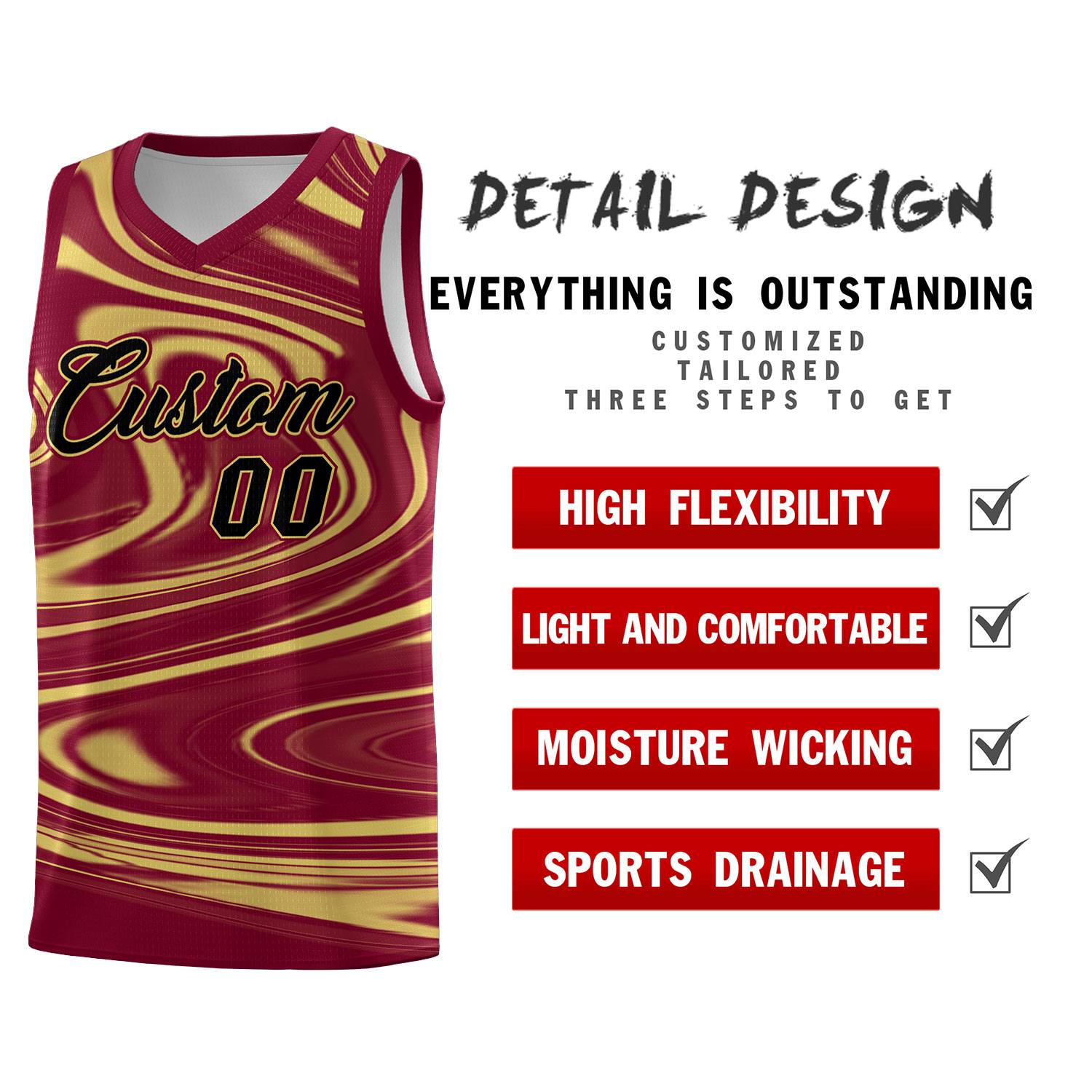 Custom Crimson Khaki Graffiti Pattern Fluids Style Sports Uniform Basketball Jersey Sets
