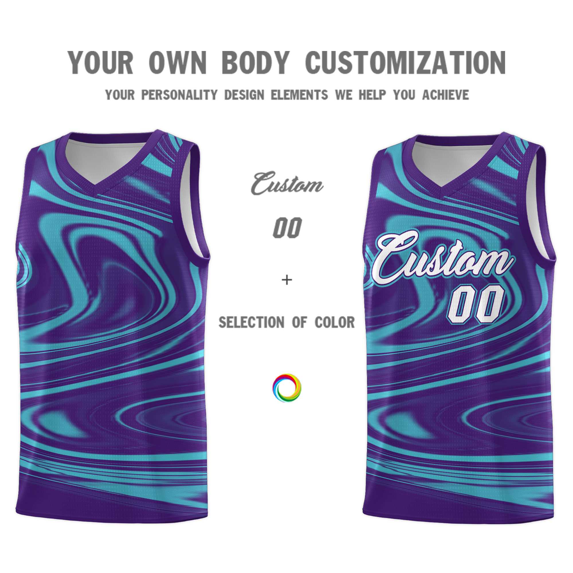 Custom Purple Aqua Graffiti Pattern Fluids Style Sports Uniform Basketball Jersey Sets