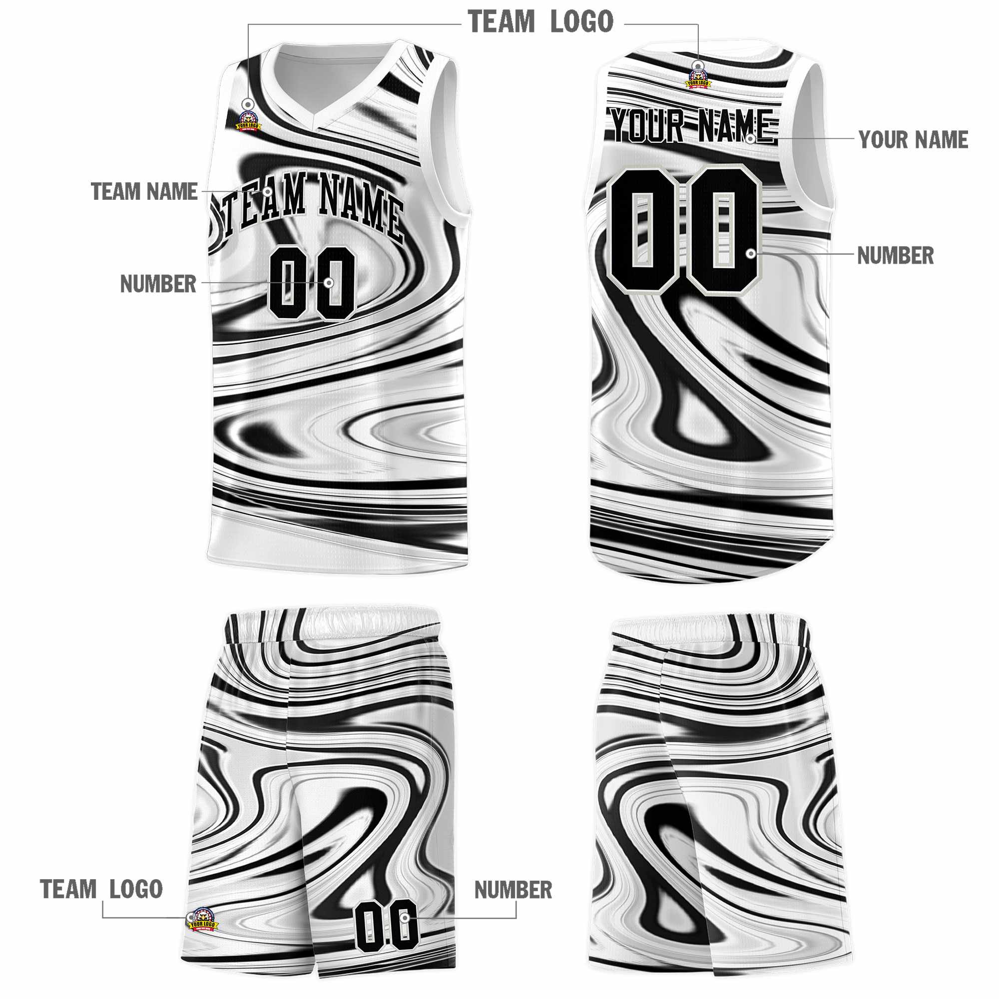 Custom White Black Graffiti Pattern Fluids Style Sports Uniform Basketball Jersey Sets