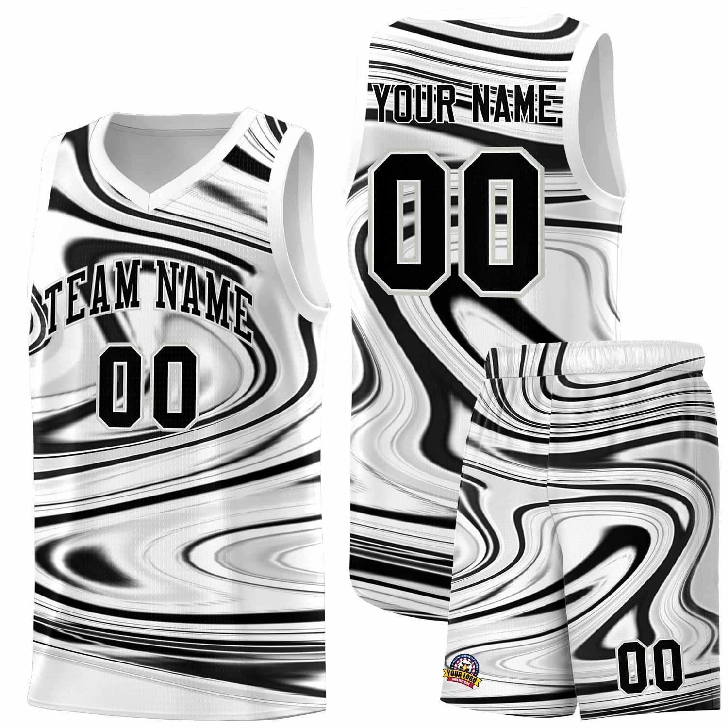 Custom White Black Graffiti Pattern Fluids Style Sports Uniform Basketball Jersey Sets