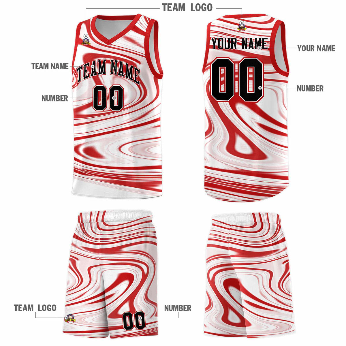 Custom White Red Graffiti Pattern Fluids Style Sports Uniform Basketball Jersey Sets