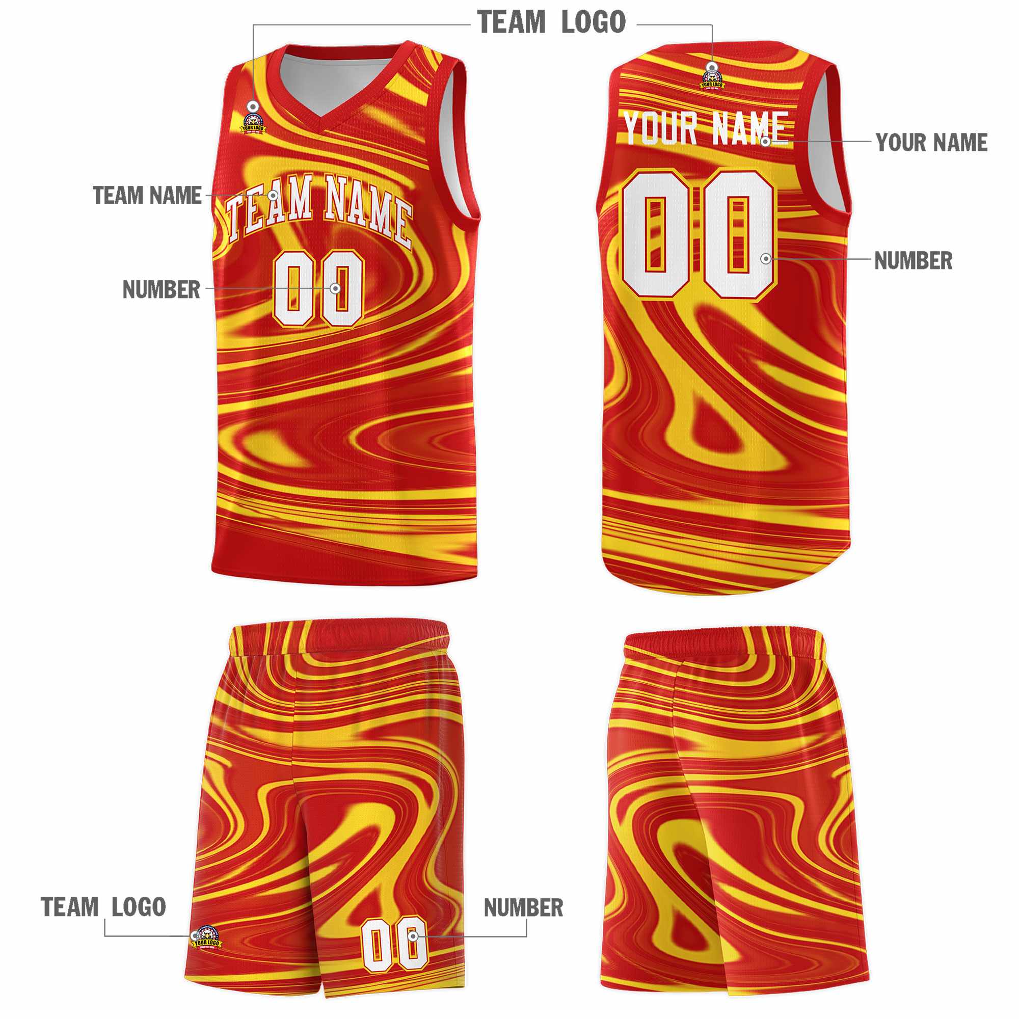 Custom Red Gold Graffiti Pattern Fluids Style Sports Uniform Basketball Jersey Sets