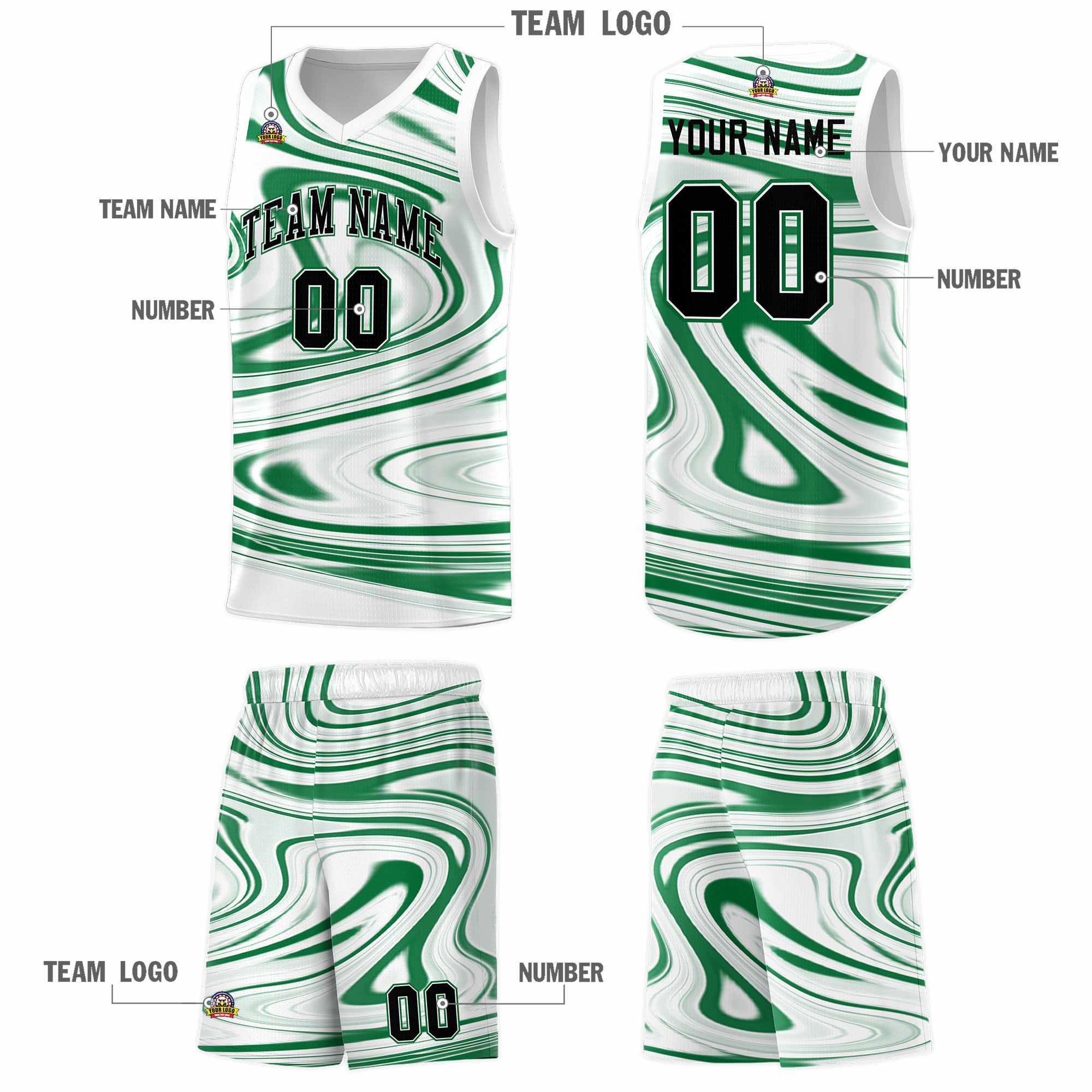 Custom White Kelly Green Graffiti Pattern Fluids Style Sports Uniform Basketball Jersey Sets