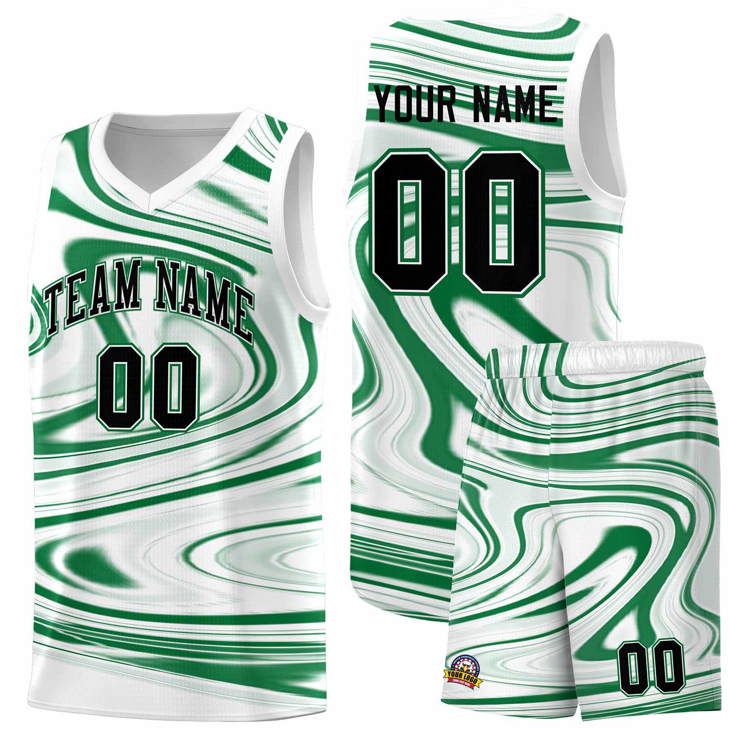 Custom White Kelly Green Graffiti Pattern Fluids Style Sports Uniform Basketball Jersey Sets