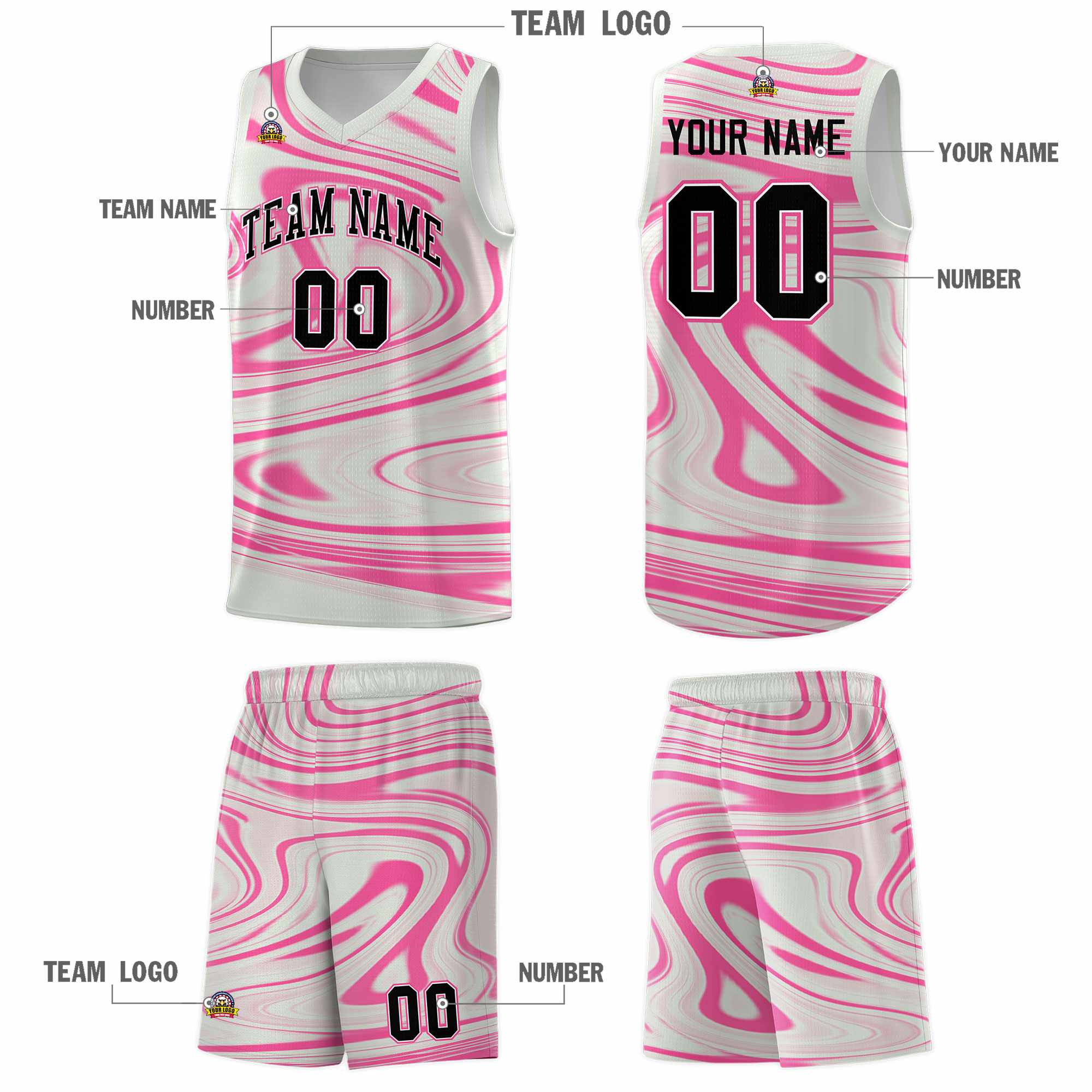 Custom Gray Pink Graffiti Pattern Fluids Style Sports Uniform Basketball Jersey Sets
