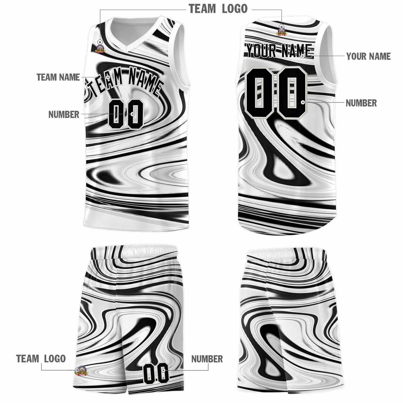 Custom White Black Graffiti Pattern Fluids Style Sports Uniform Basketball Jersey Sets