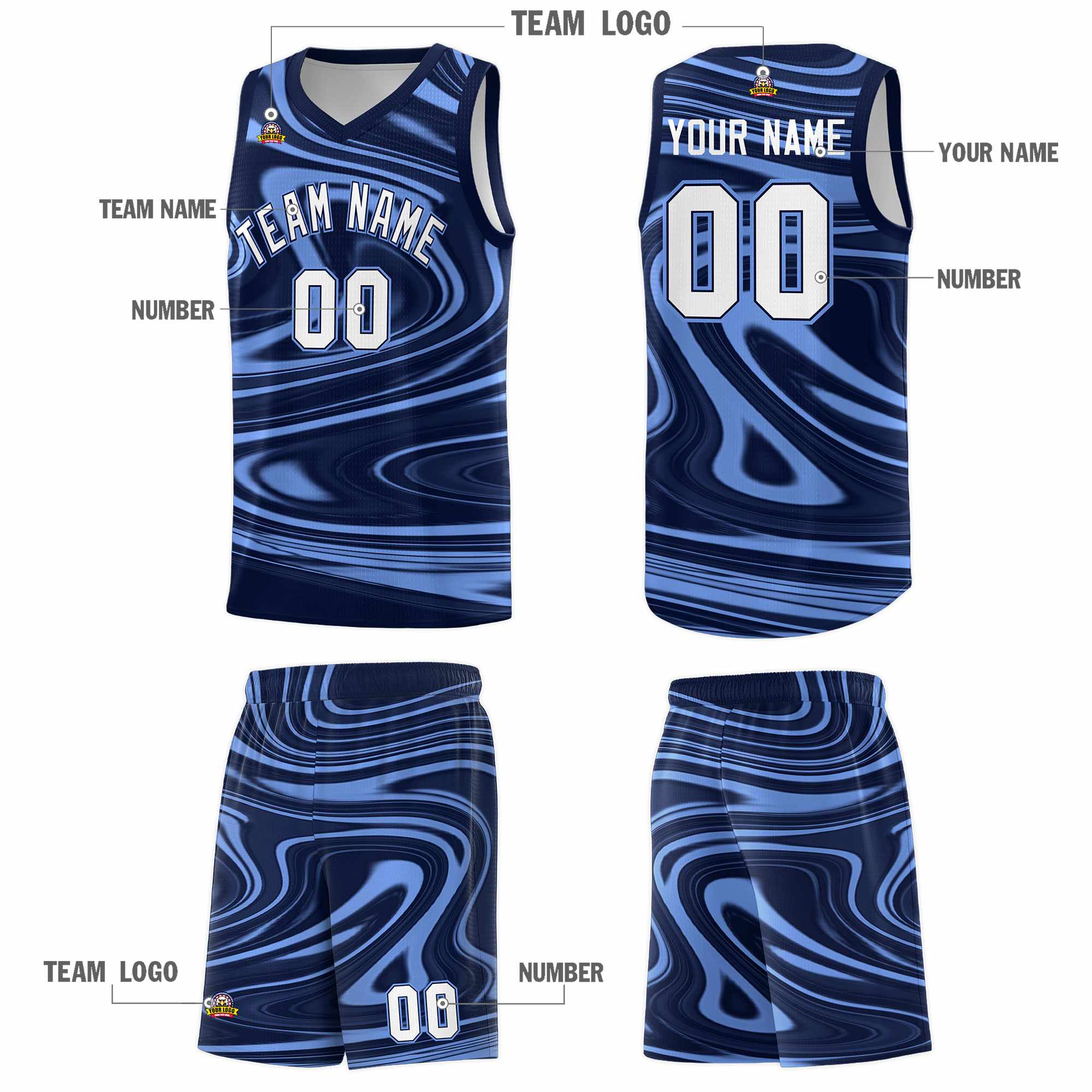 Custom Navy Light Blue Graffiti Pattern Fluids Style Sports Uniform Basketball Jersey Sets