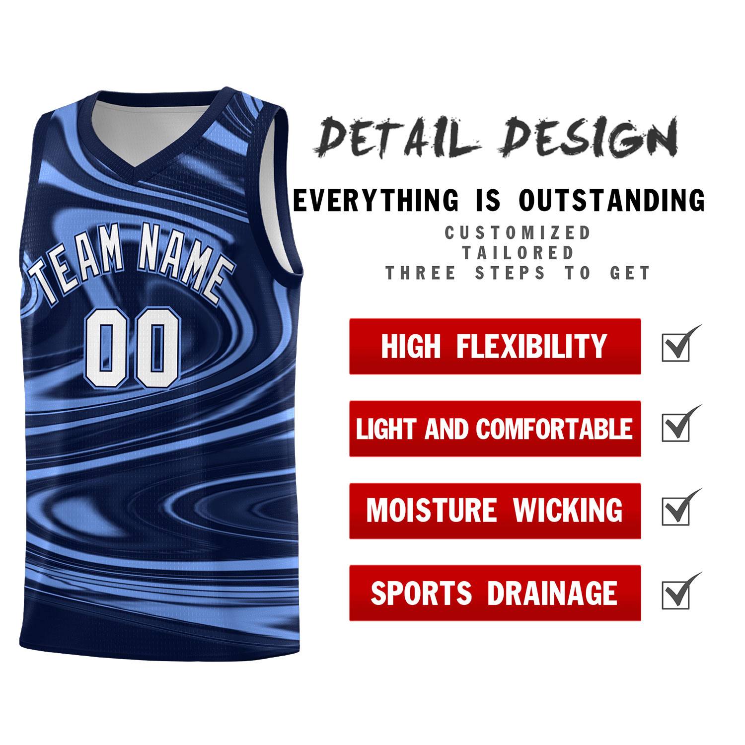 Custom Navy Light Blue Graffiti Pattern Fluids Style Sports Uniform Basketball Jersey Sets