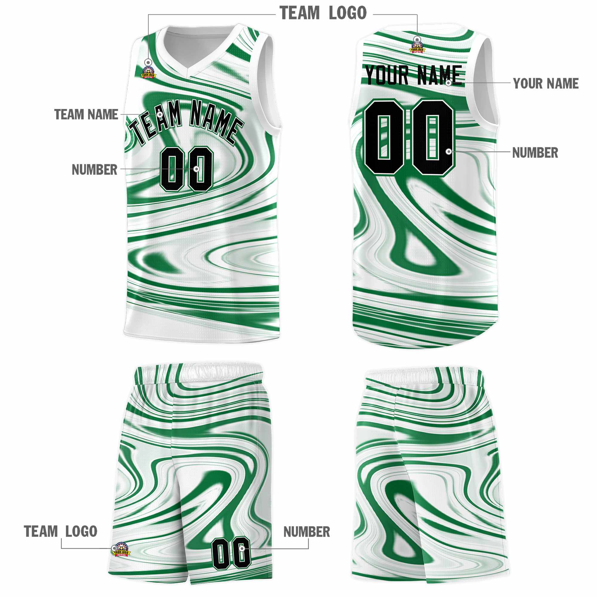 Custom White Kelly Green Graffiti Pattern Fluids Style Sports Uniform Basketball Jersey Sets