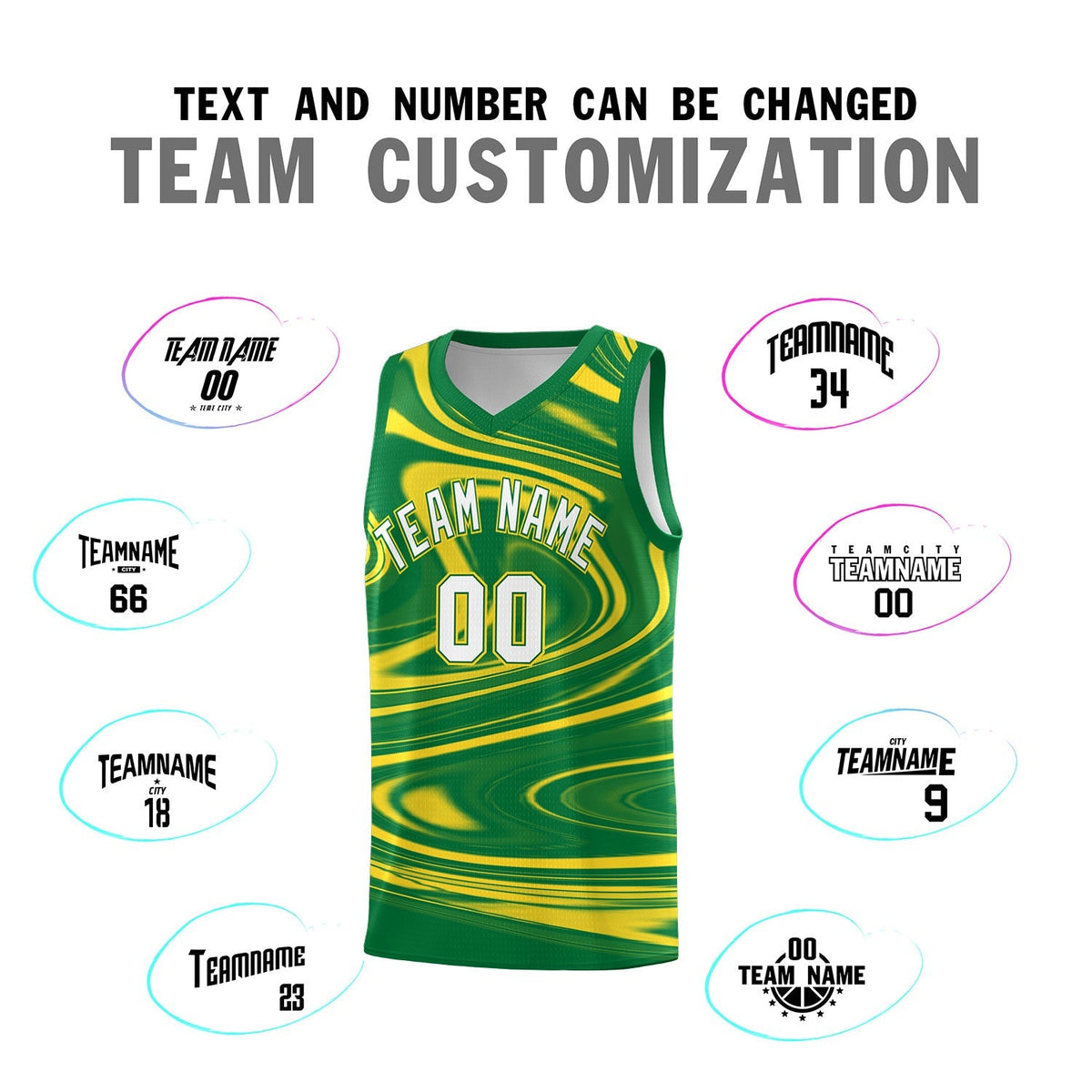 Custom Kelly Green Gold Graffiti Pattern Fluids Style Sports Uniform Basketball Jersey Sets