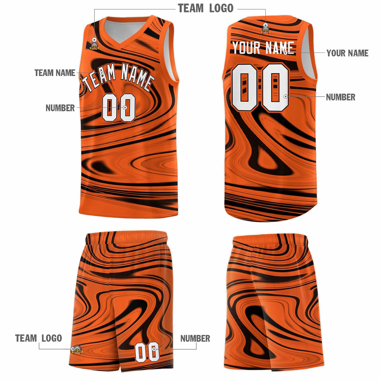 Custom Orange Black Graffiti Pattern Fluids Style Sports Uniform Basketball Jersey Sets