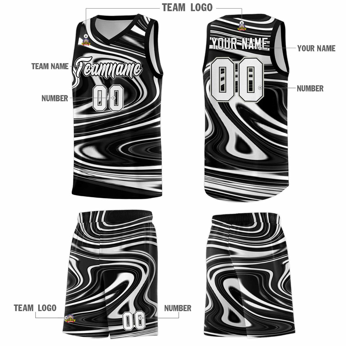 Custom Black White Graffiti Pattern Fluids Style Sports Uniform Basketball Jersey Sets