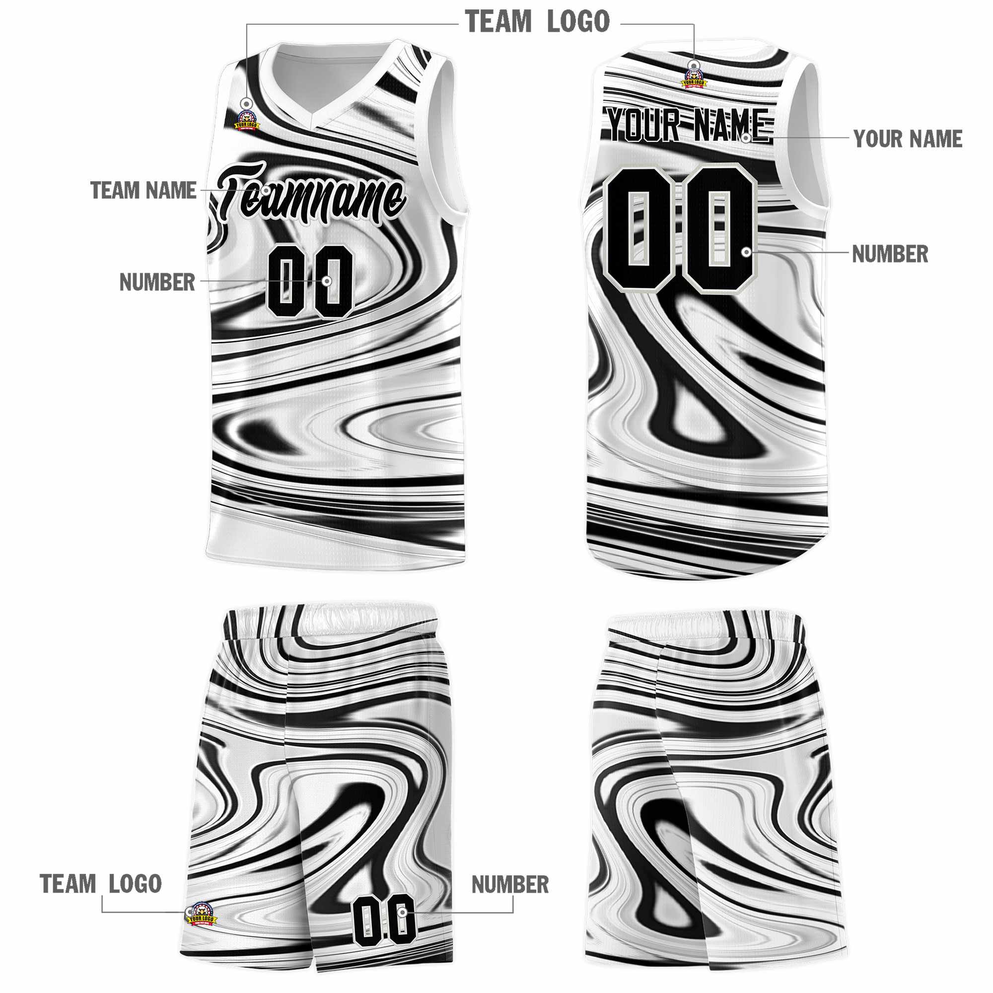 Custom White Black Graffiti Pattern Fluids Style Sports Uniform Basketball Jersey Sets