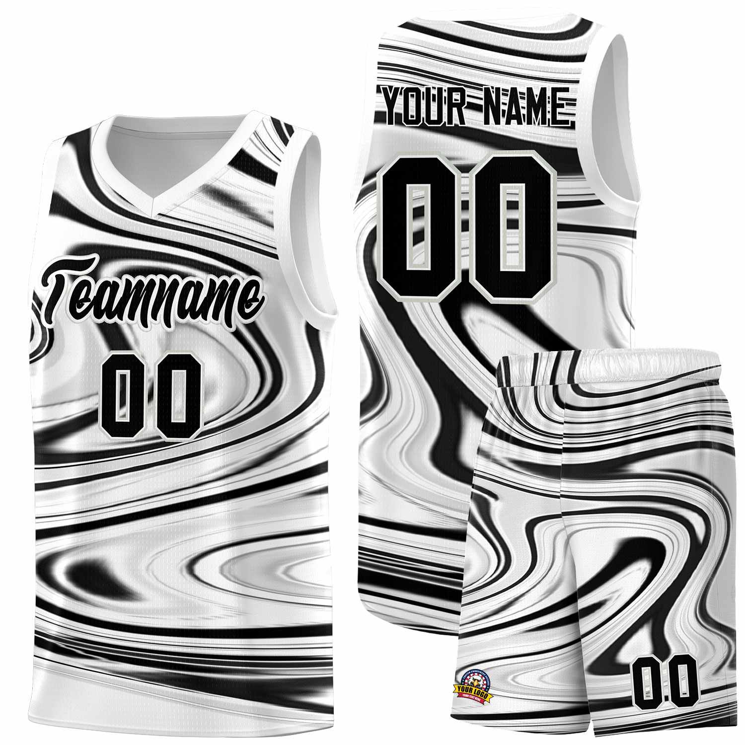 Custom White Black Graffiti Pattern Fluids Style Sports Uniform Basketball Jersey Sets