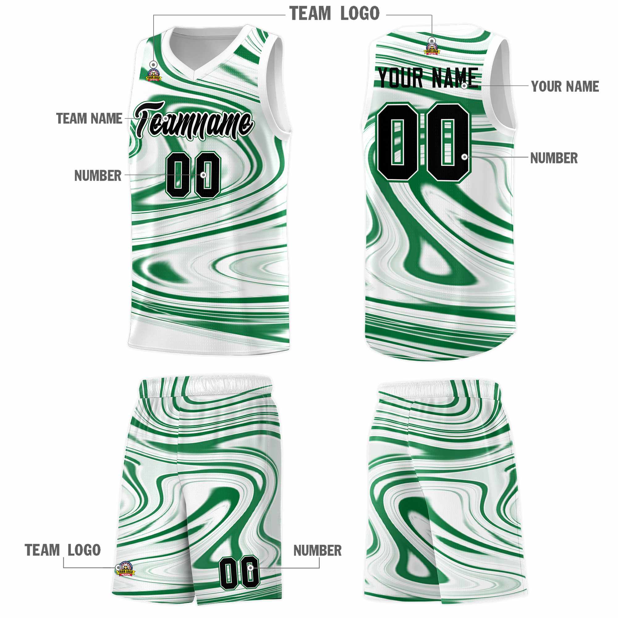 Custom White Kelly Green Graffiti Pattern Fluids Style Sports Uniform Basketball Jersey Sets