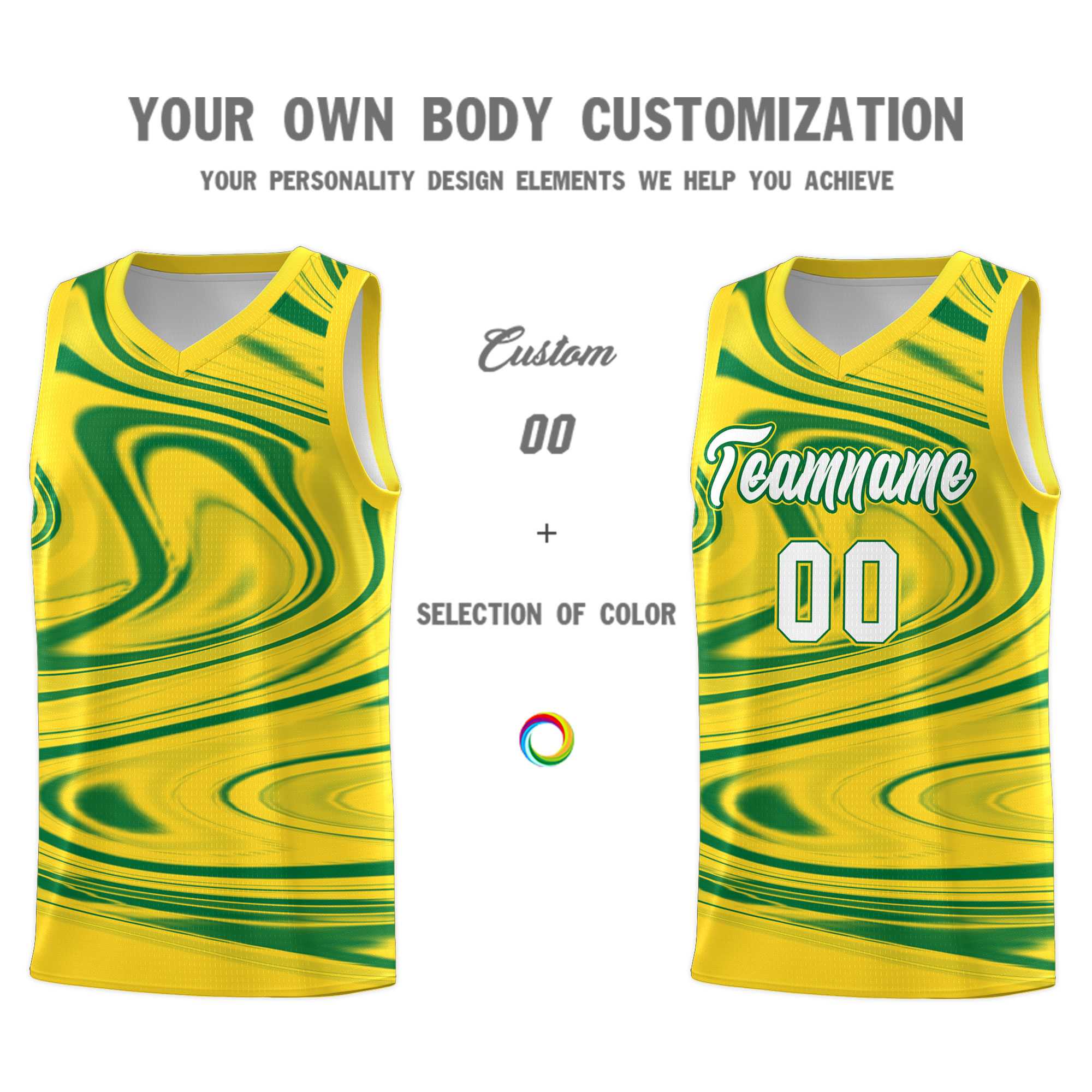 Custom Gold Kelly Green Graffiti Pattern Fluids Style Sports Uniform Basketball Jersey Sets