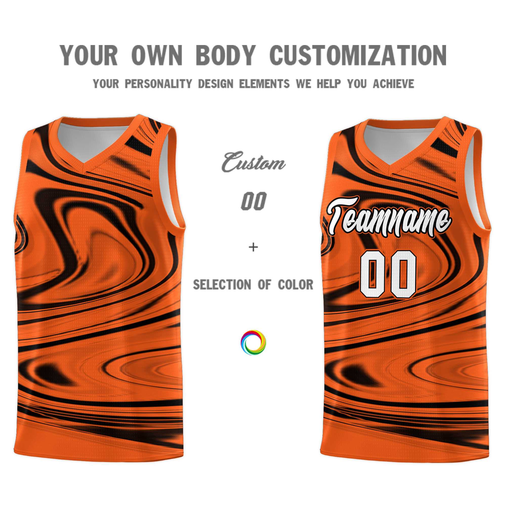 Custom Orange Black Graffiti Pattern Fluids Style Sports Uniform Basketball Jersey Sets