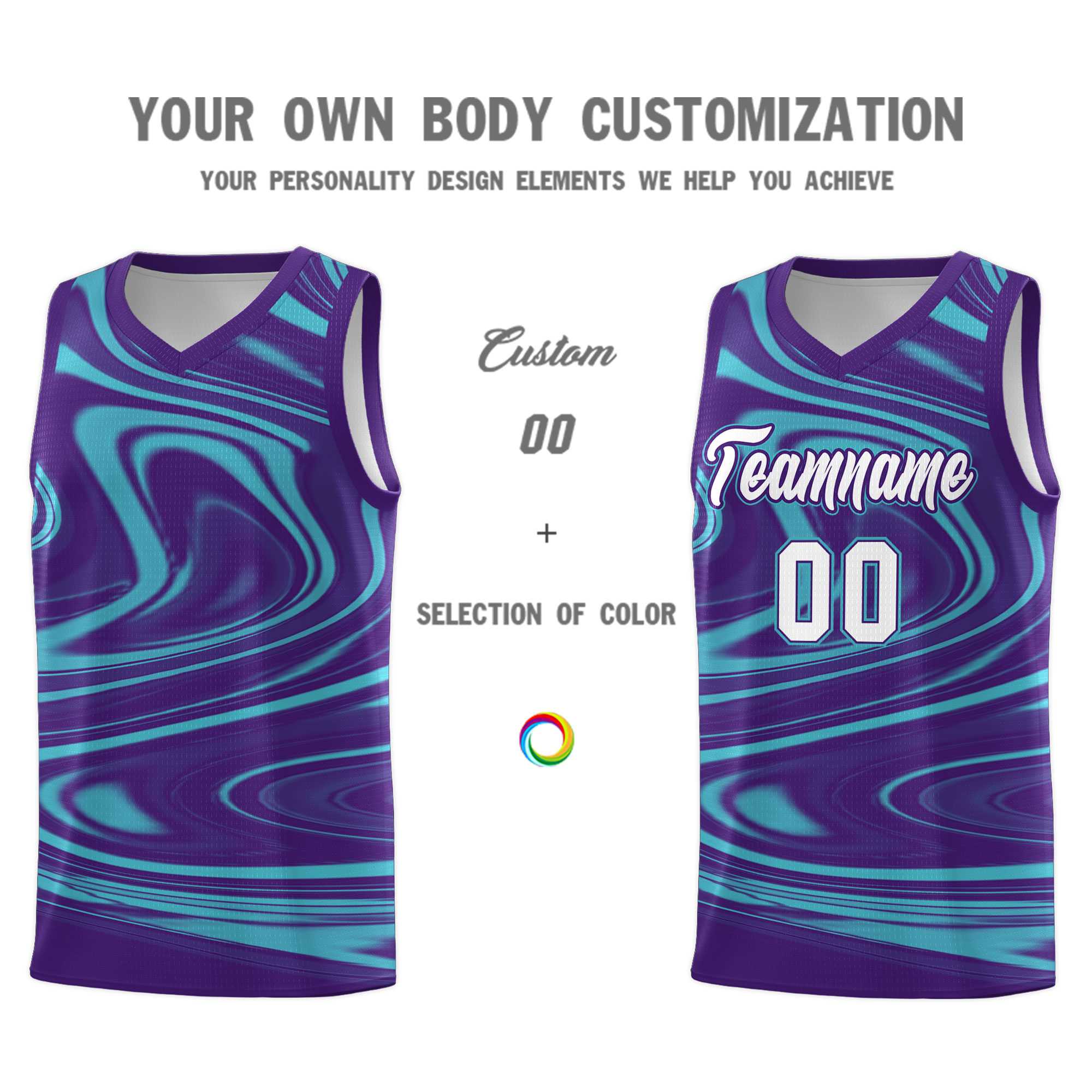 Custom Purple Aqua Graffiti Pattern Fluids Style Sports Uniform Basketball Jersey Sets
