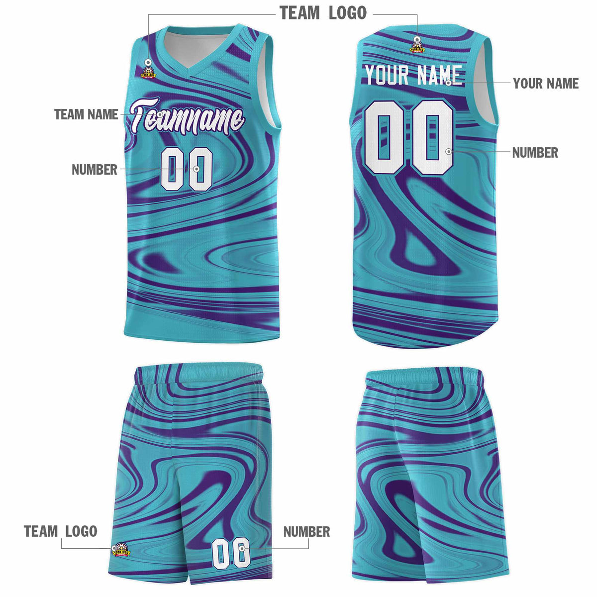 Custom Aqua Purple Graffiti Pattern Fluids Style Sports Uniform Basketball Jersey Sets