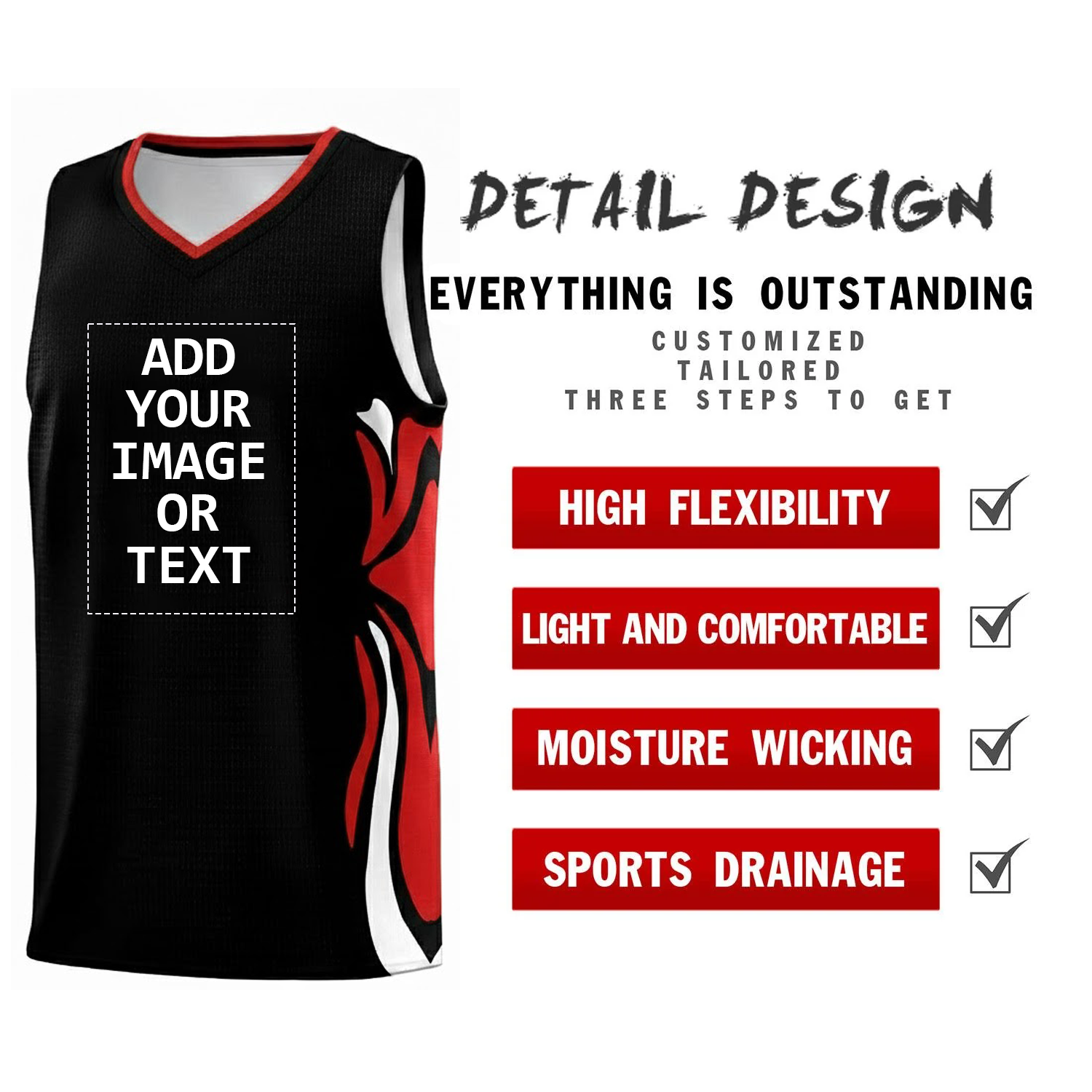 Custom Logo/Text Black Red-White Sports Uniform Basketball Jersey