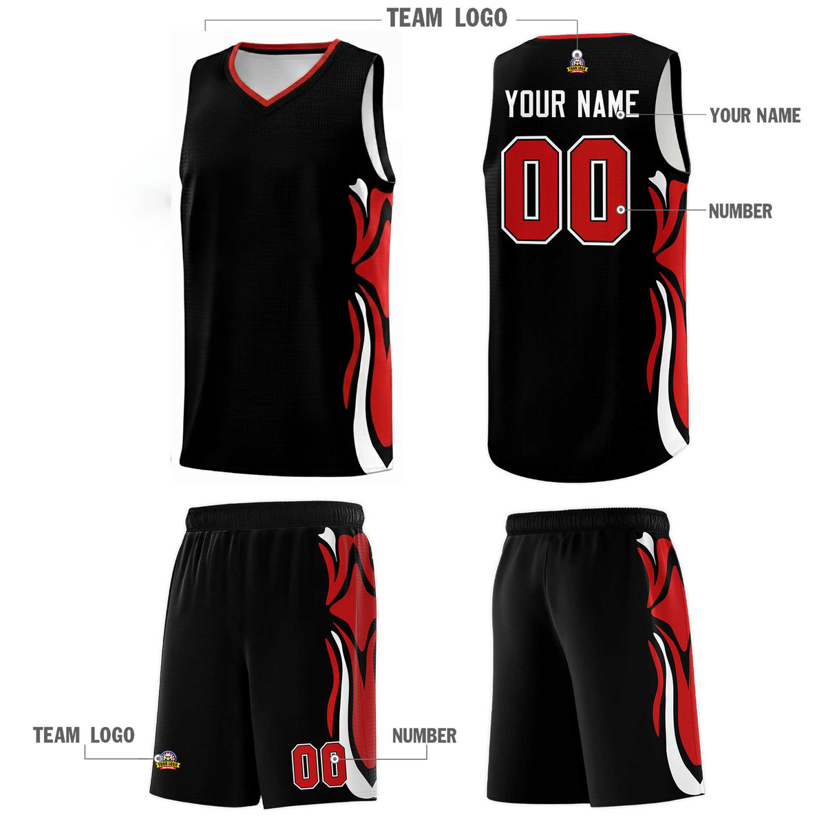 Custom Logo/Text Black Red-White Sports Uniform Basketball Jersey