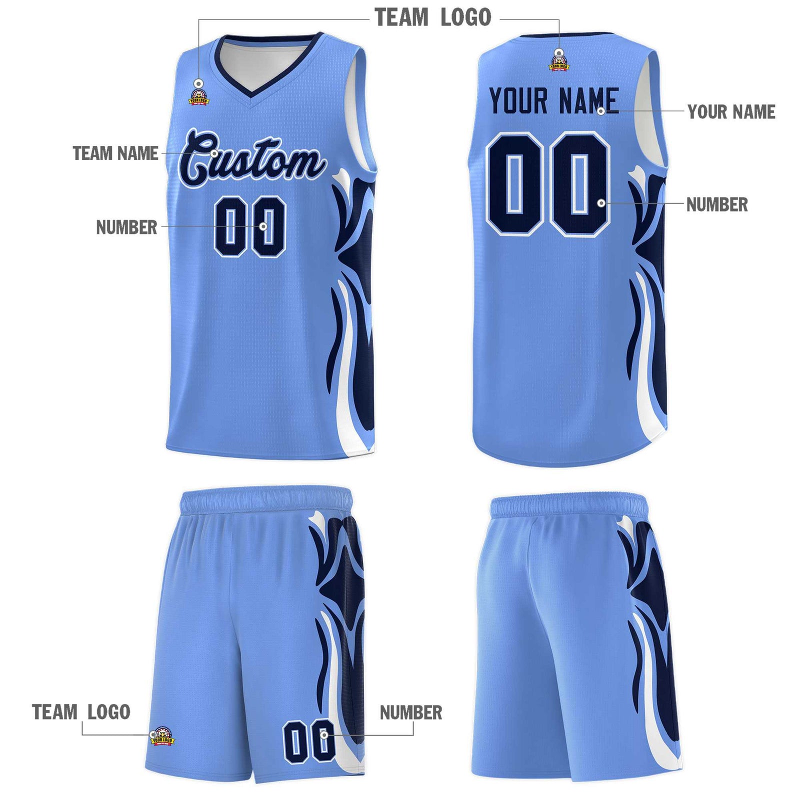 Custom Light Blue Navy-White Graffiti Pattern Side Curve Pattern Sports Uniform Basketball Jersey Sets