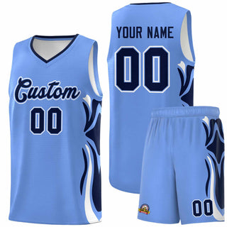 Custom Light Blue Navy-White Graffiti Pattern Side Curve Pattern Sports Uniform Basketball Jersey Sets - Style 1