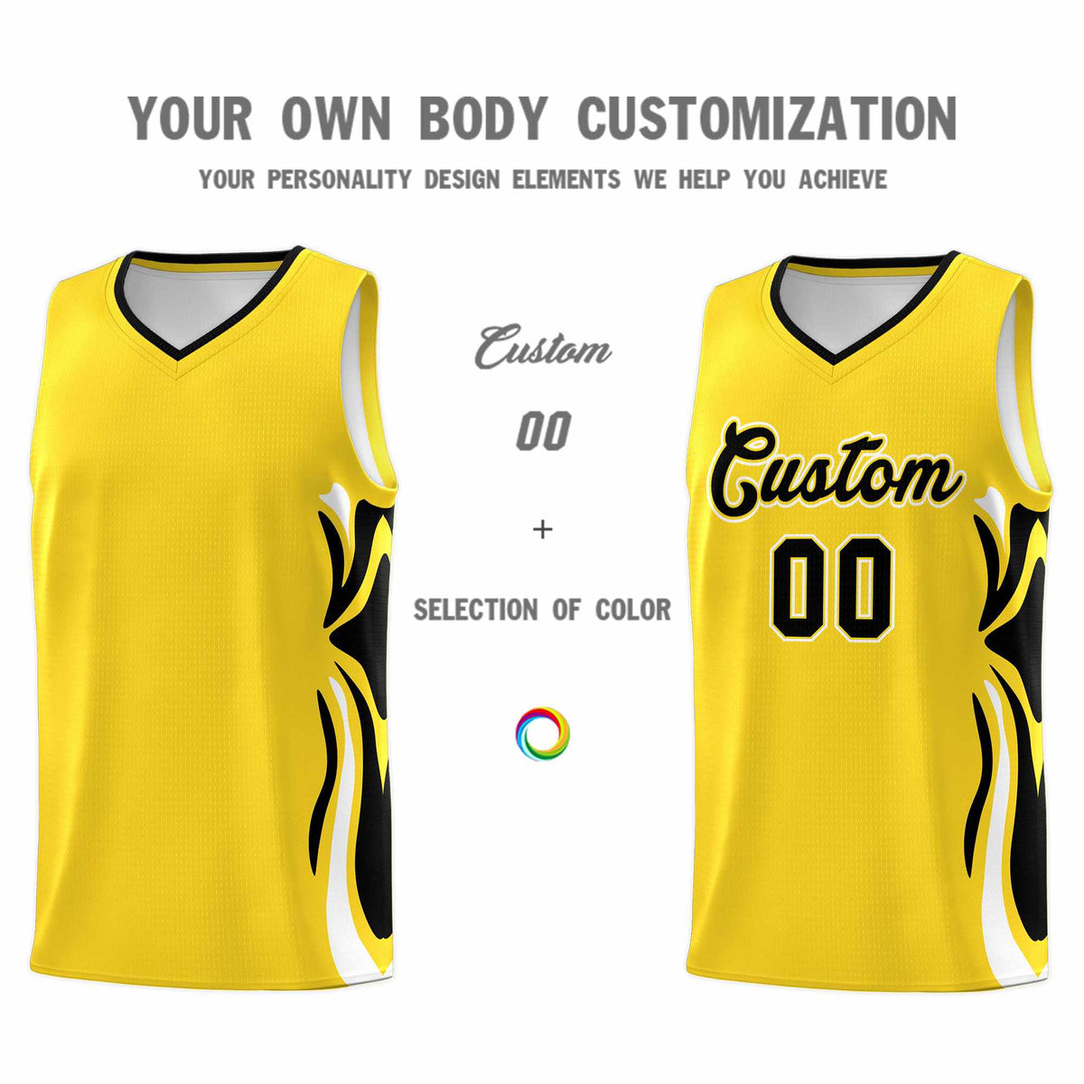 Custom Gold Black-White Graffiti Pattern Side Curve Pattern Sports Uniform Basketball Jersey Sets