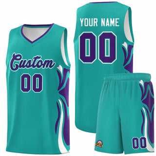 Custom Aqua Purple-White Graffiti Pattern Side Curve Pattern Sports Uniform Basketball Jersey Sets - Style 1